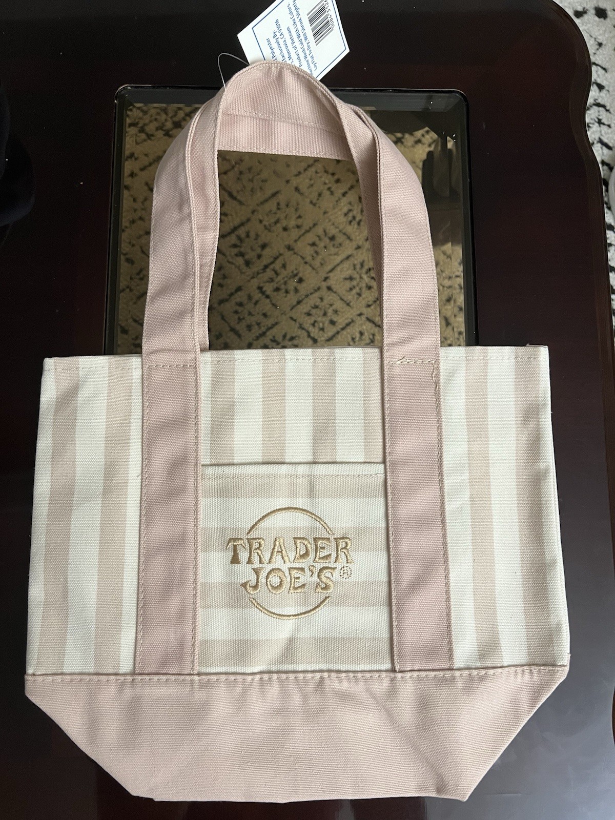 Trader Joe’s Small Canvas Striped Beige/White Reusable Tote Bag 13x6x11 in