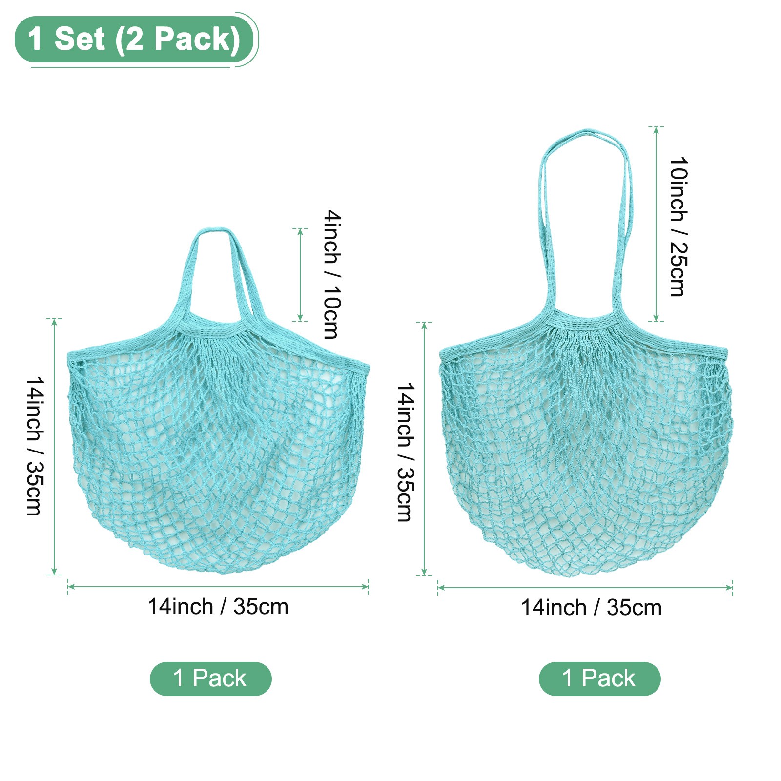 2-Pack Reusable Mesh Net String Grocery Bags [Blue-Green,Long&Short Handle]