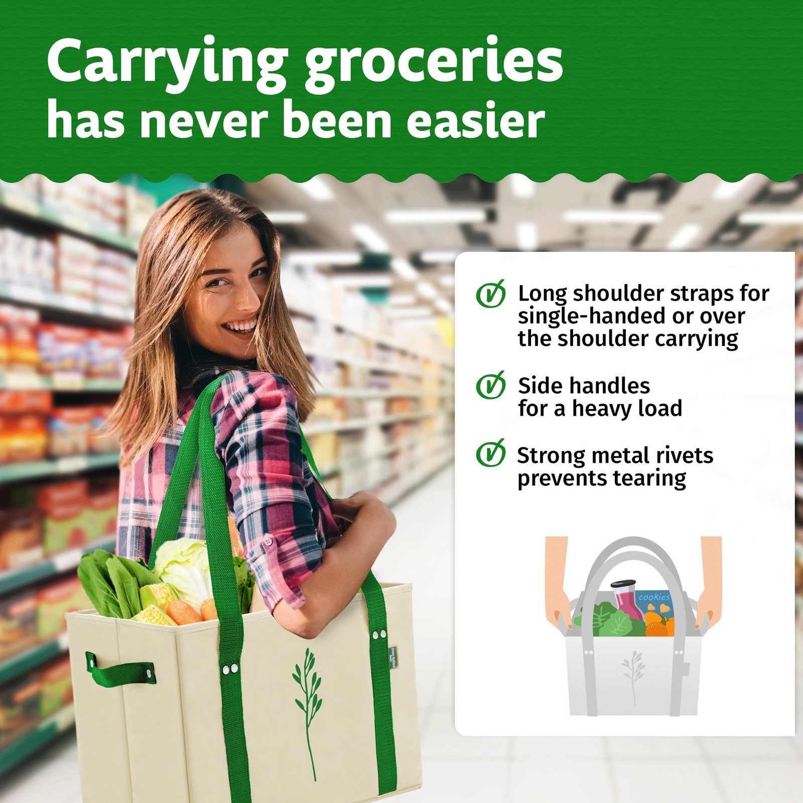 Green Reusable Grocery Bags – Heavy Duty Reusable Shopping Tote Bags W/Long H…
