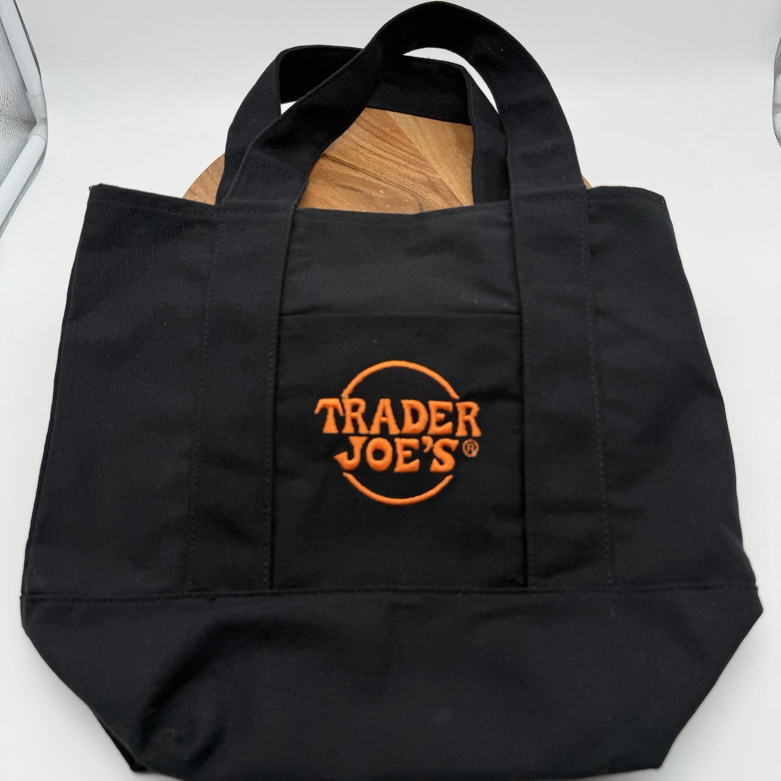 Trader Joe’s Black Canvas Tote Bag Orange Logo Reusable Grocery Carry