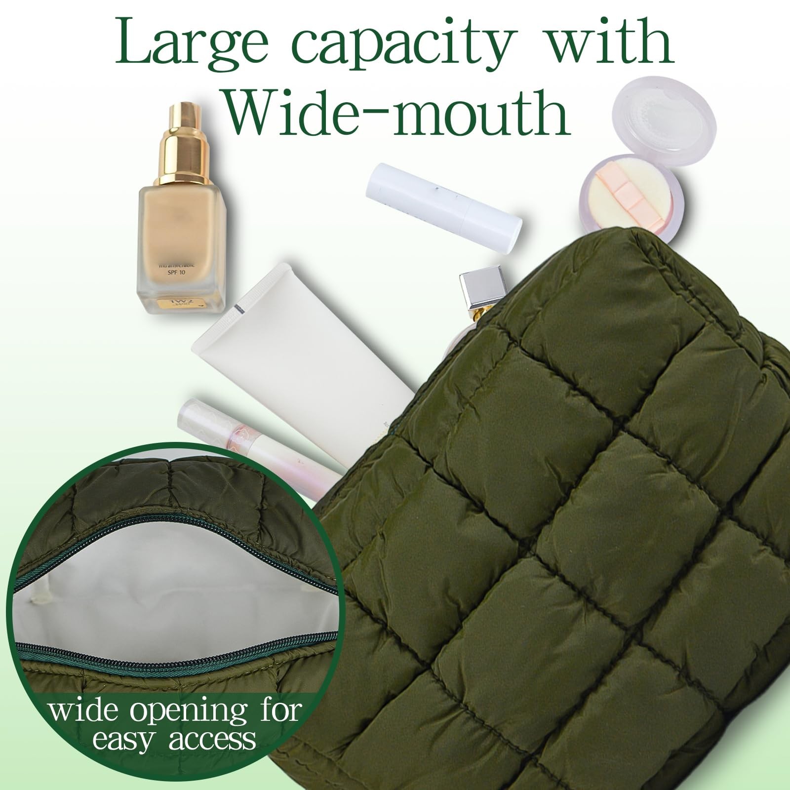 AMZMA Puffy Quilted Makeup Bag for Women, Water-Resistant Military green