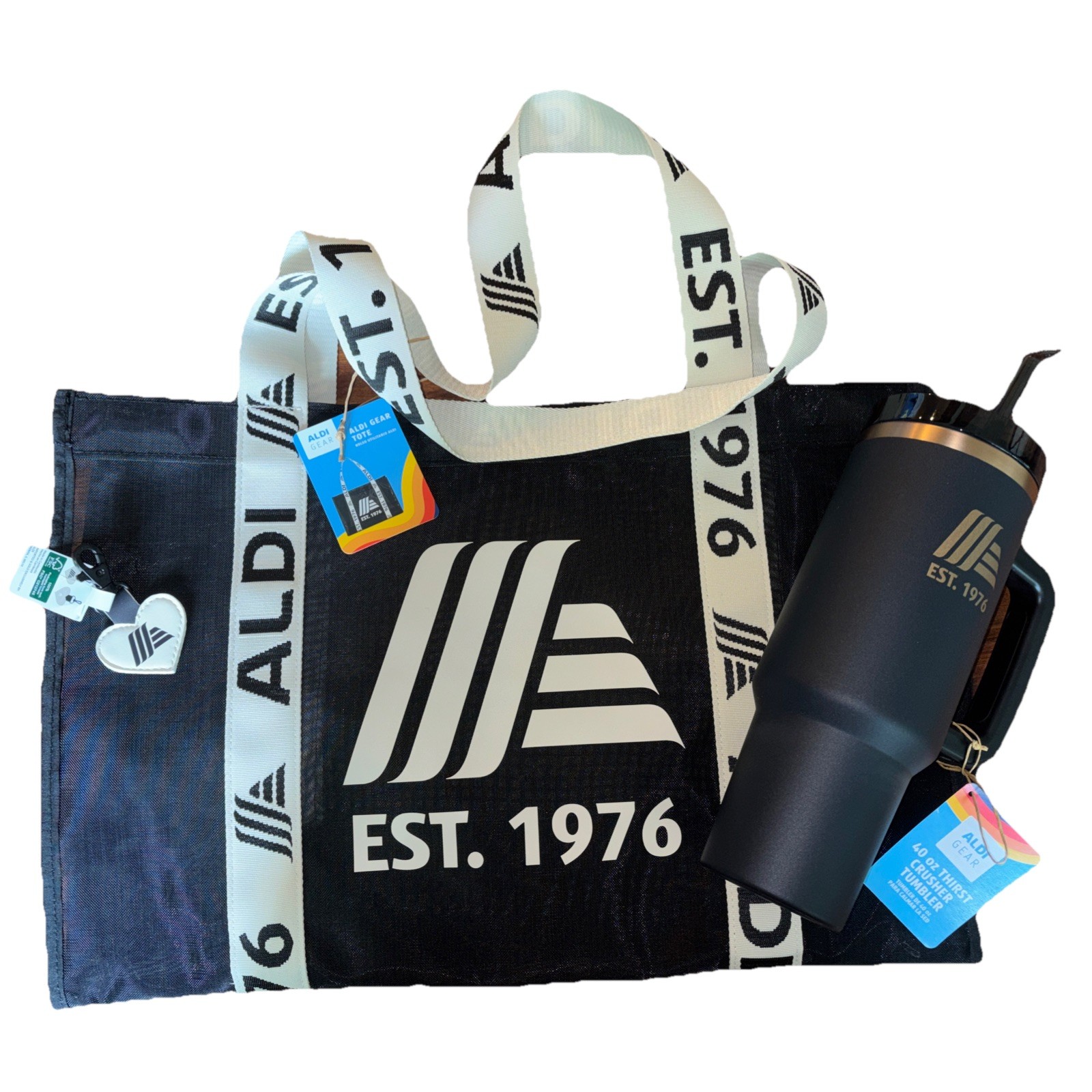 ALDI Mesh Tote Bag Black Est 1976 White Straps Stainless Tumbler & Coin Holder