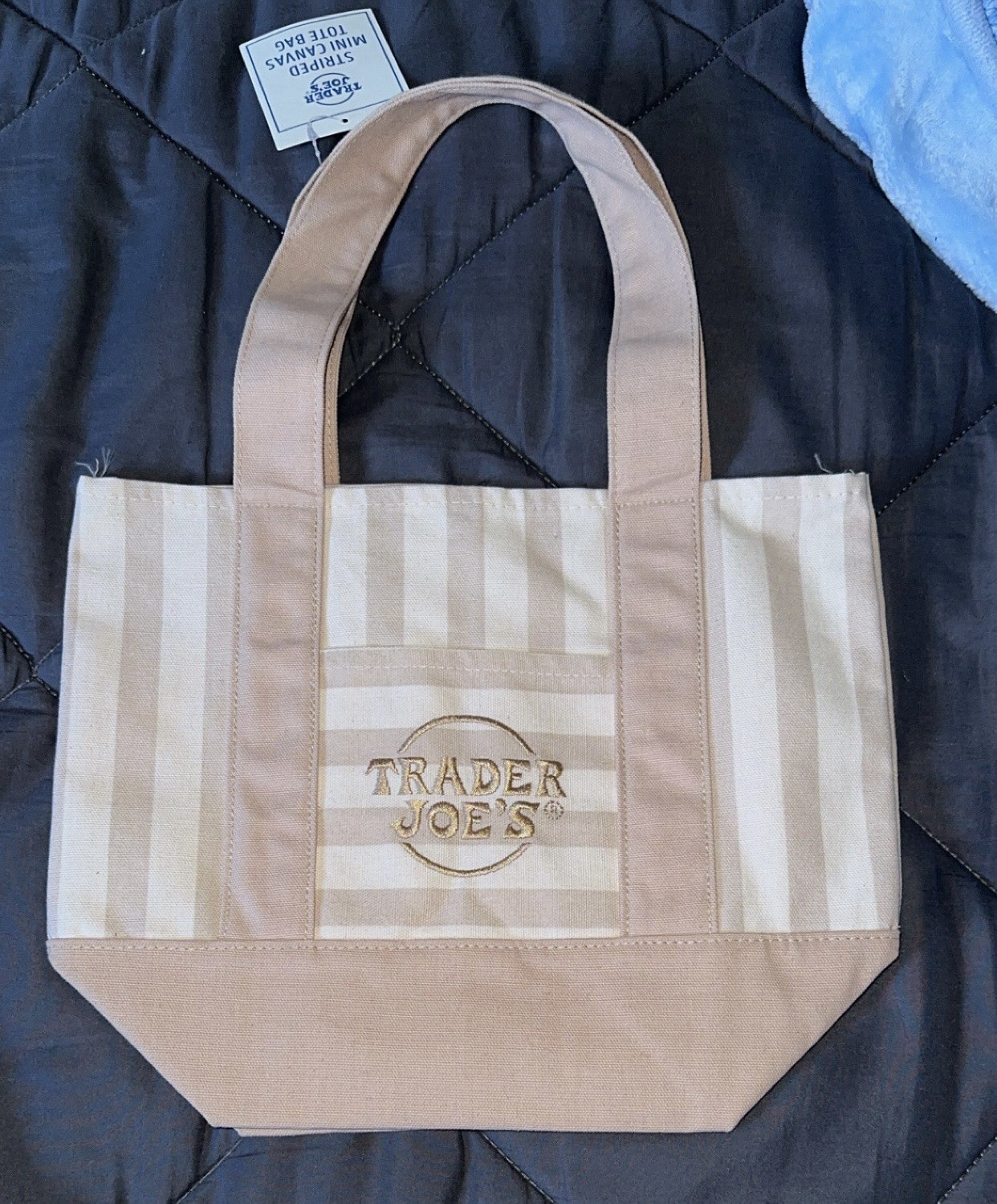 Trader Joe’s Beige Striped Reusable Tote Bag Shopping 13x6x10 in