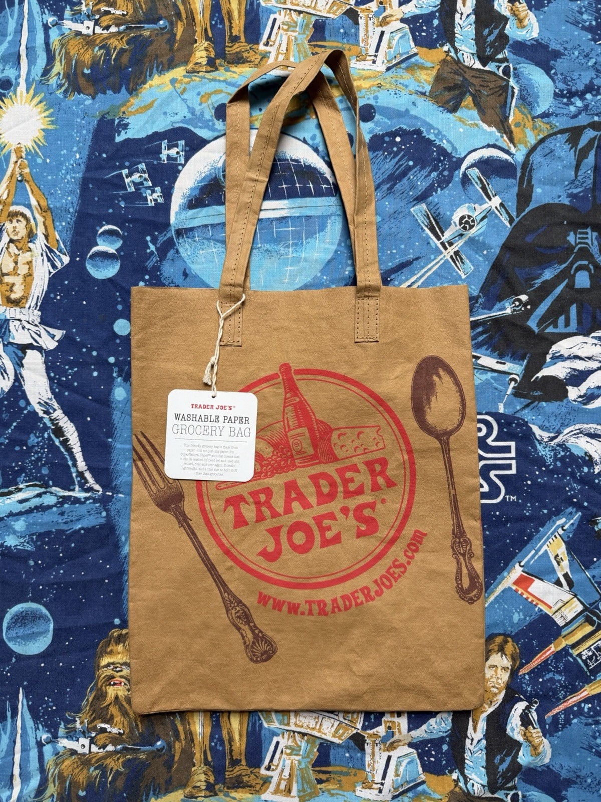 Trader Joe’s Washable Reusable Paper Shopping Bag Brown/Red Logo Tote Brand New