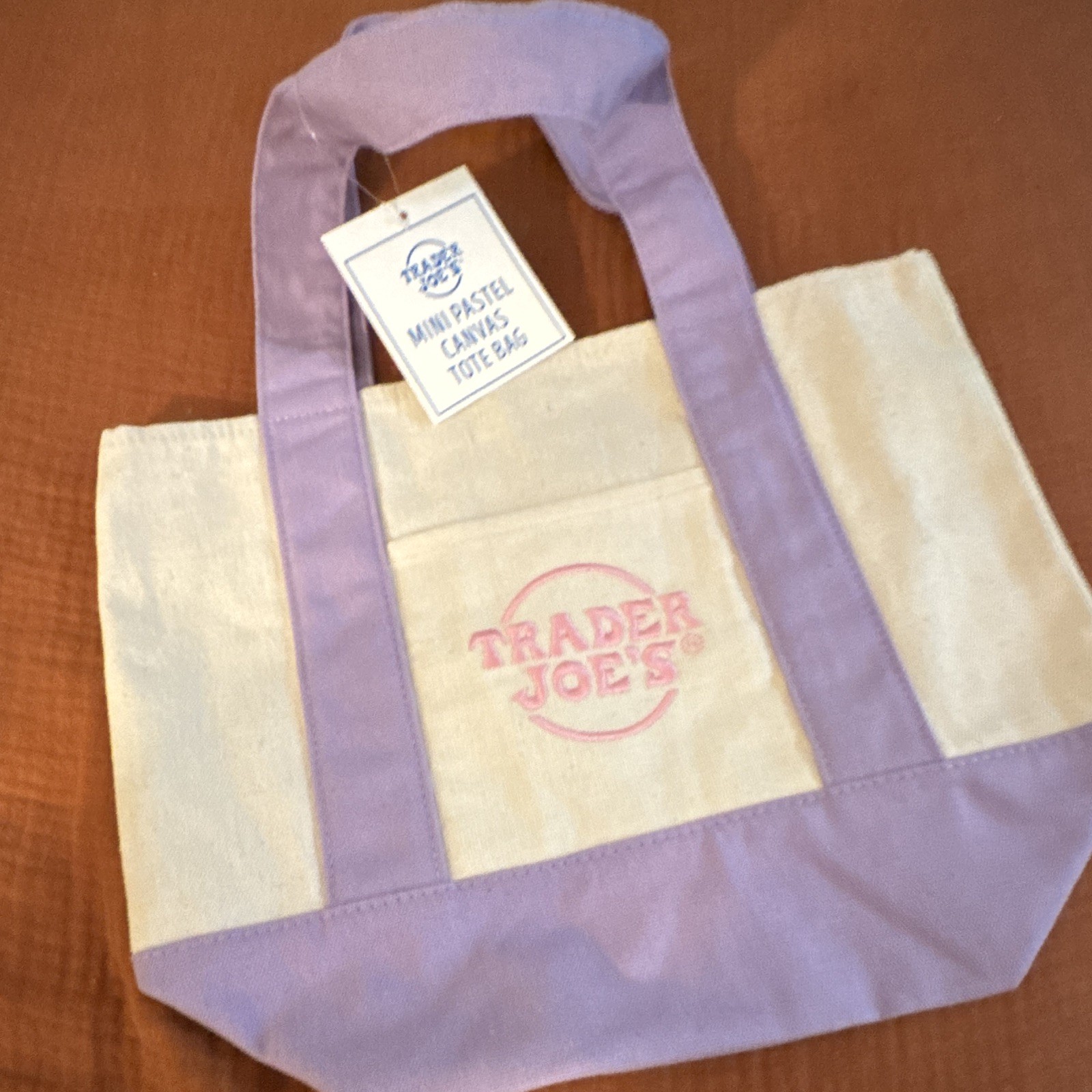 Trader Joe’s Reusable Mini Canvas Tote Bag Beige & Purple summer 2025