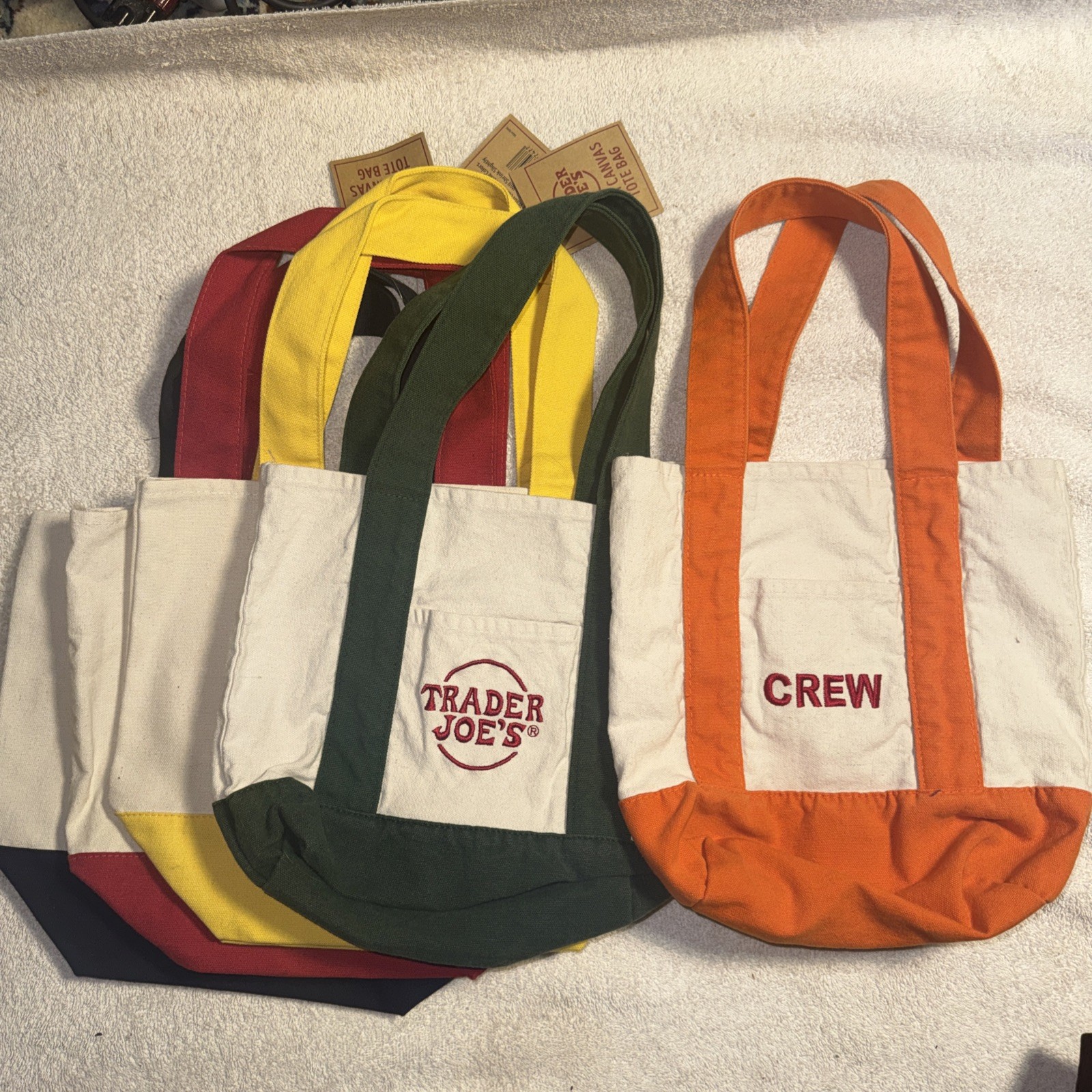 Trader Joe’s Canvas Mini Tote Bag Set of 4 + RARE ORANGE CREW Mini Tote Bag NEW