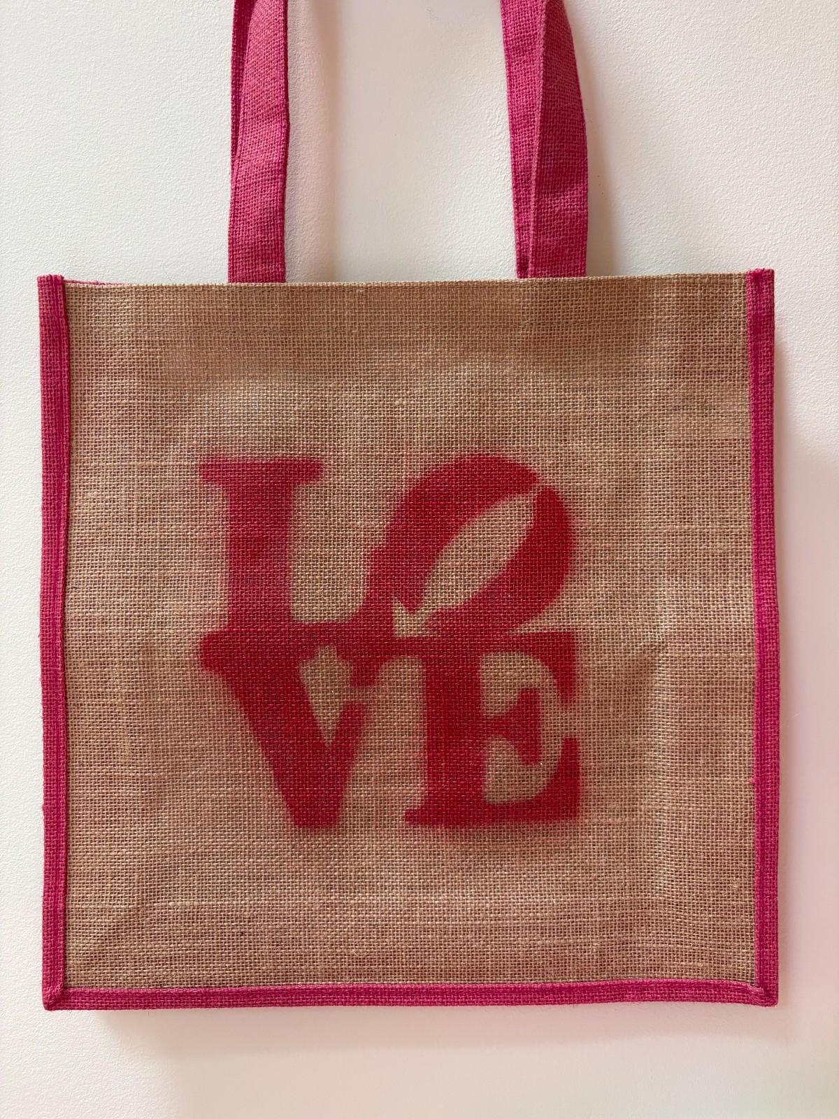 LOVE Jute or Burlap Tote Shopping Bag – 14 X 14” – Retro