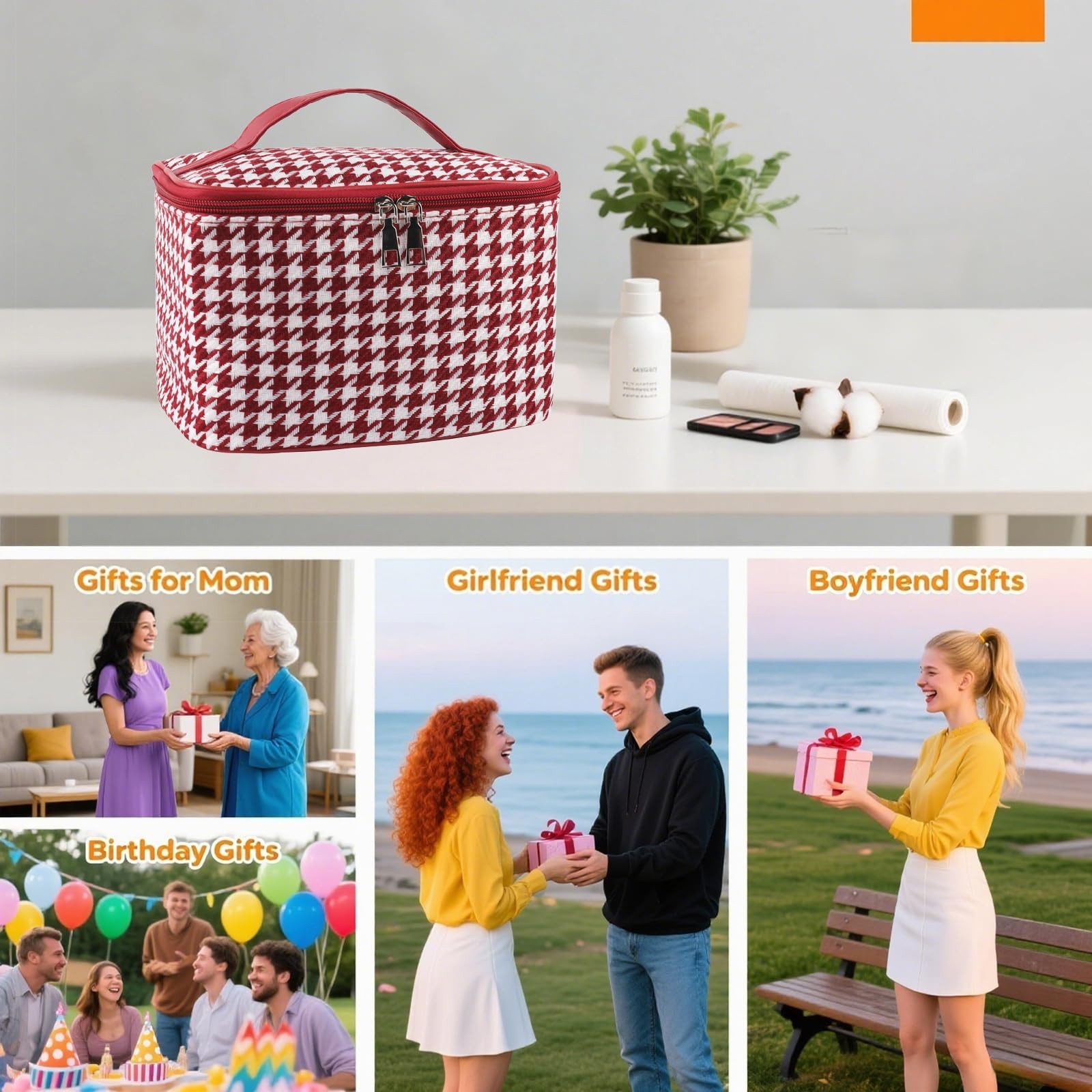 lllyan Travel Makeup Bag,Large Capacity Cosmetic Bags for Women Grid Wine Red