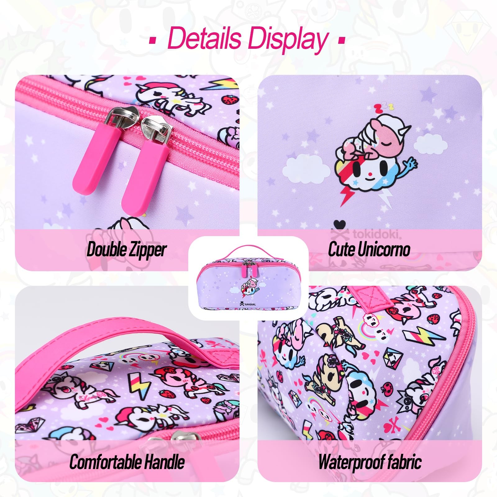 tokidoki Lay Flat Makeup Bag,Large Capacity Unicorno Travel Bag Pink