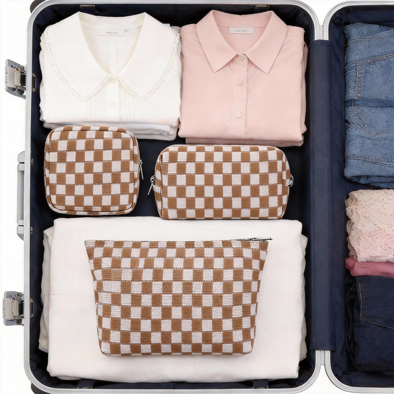 FFpaw 3Pcs Makeup Bag Set for Women, Checkered Cosmetic Travel Brown