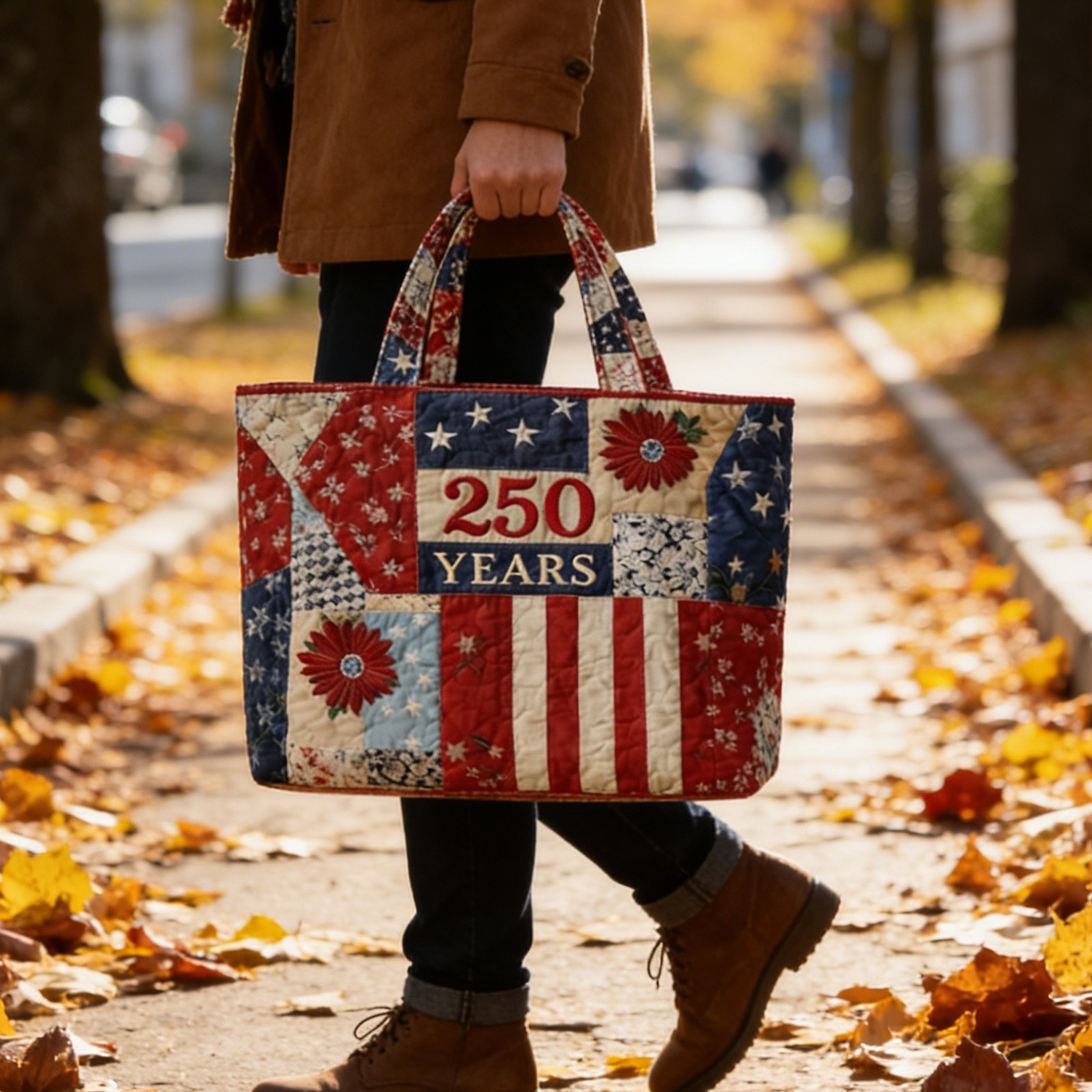 250 Years USA Quilted Tote Bag 4th of July Patriotic Embroidered Floral Tote