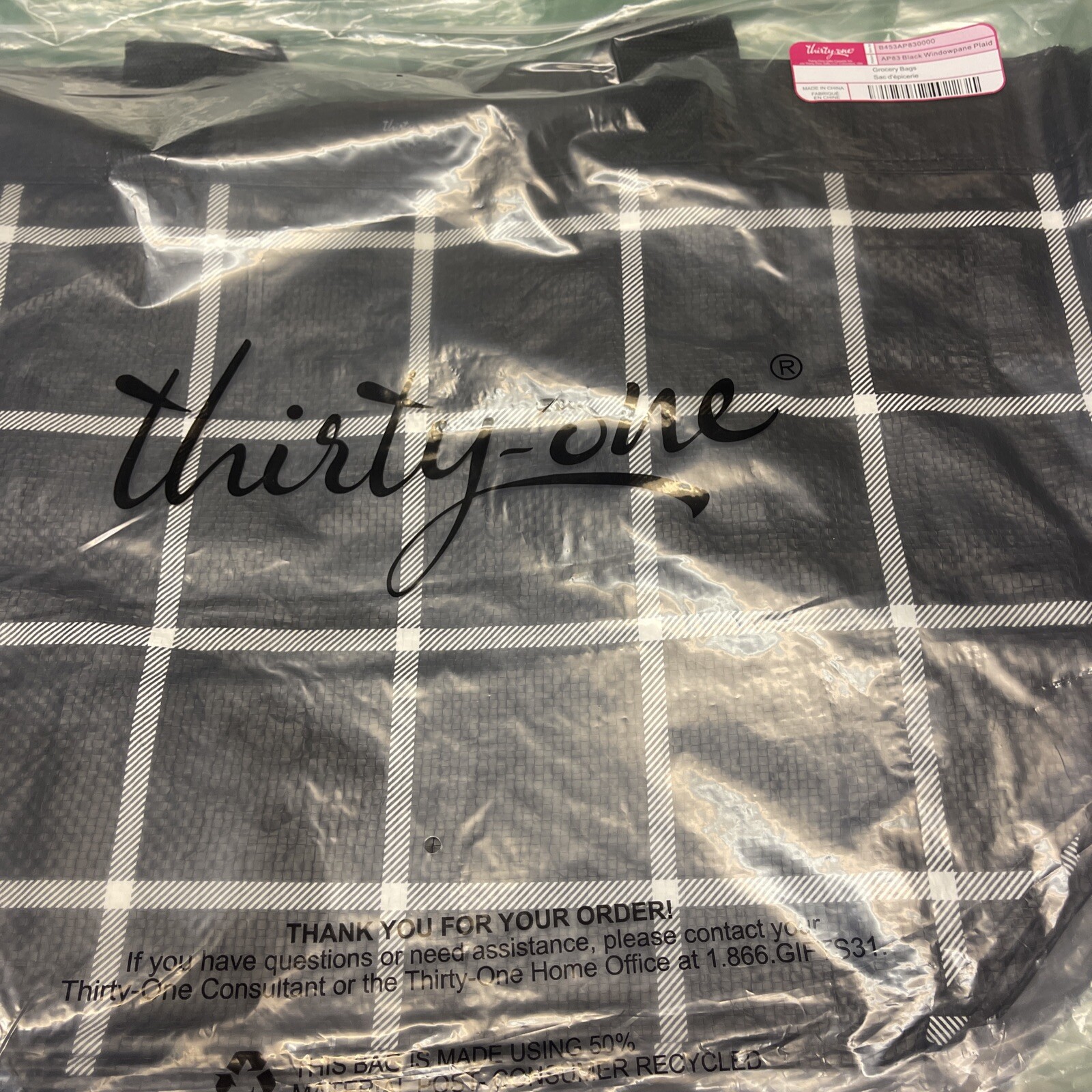 Thirty-One Reusable Grocery Bags, -NWT- Black Windowpane Plaid
