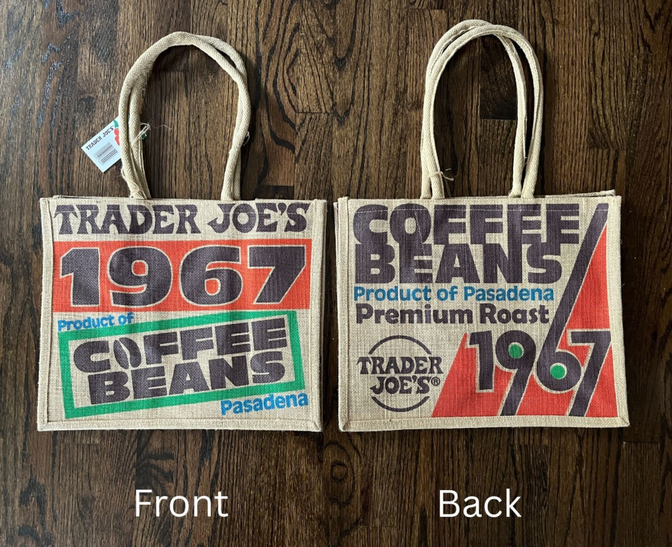Trader Joe’s Jute 1967 Coffee Beans Pasadena Design 9 Gallon Tote Bag NWT