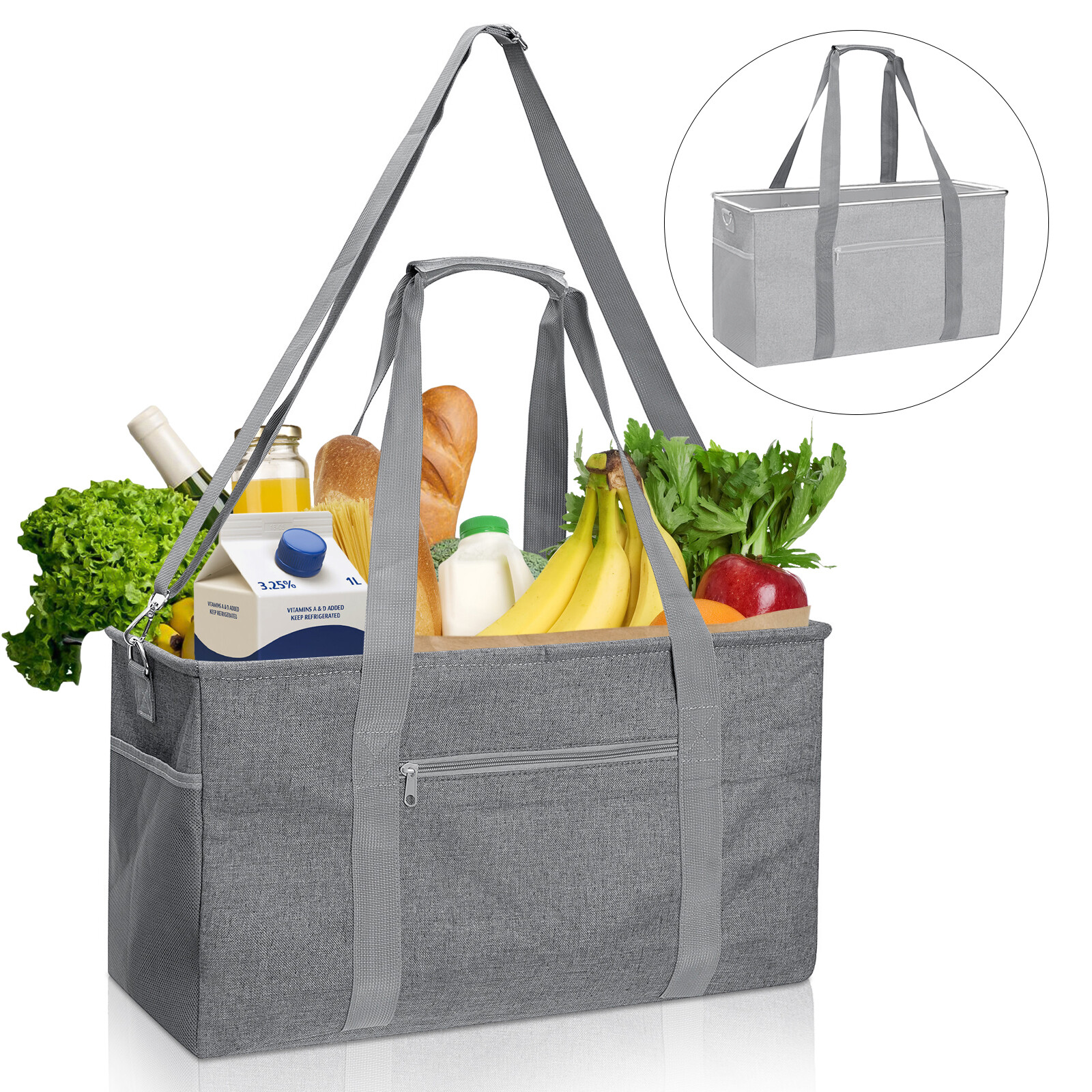 Reusable Grocery Bags Heavy Duty Foldable Shopping Bags Large Grocery Totes Gray