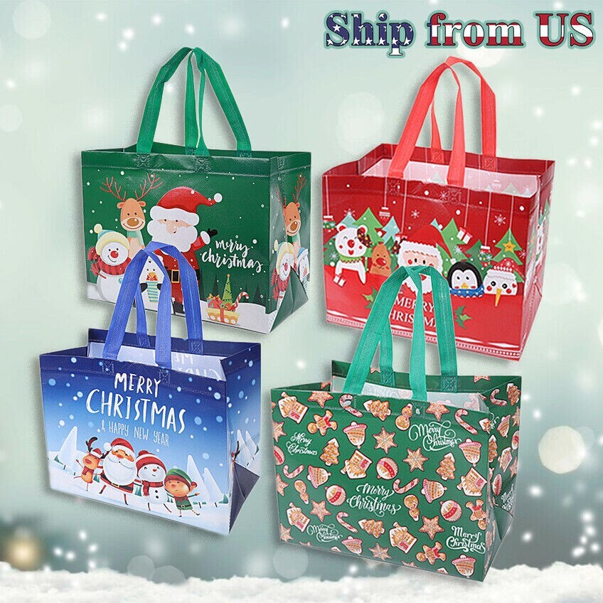 Christmas Reusable Grocery Bags Shopping Totes Xmas Holiday Designs ( Set of 4 )