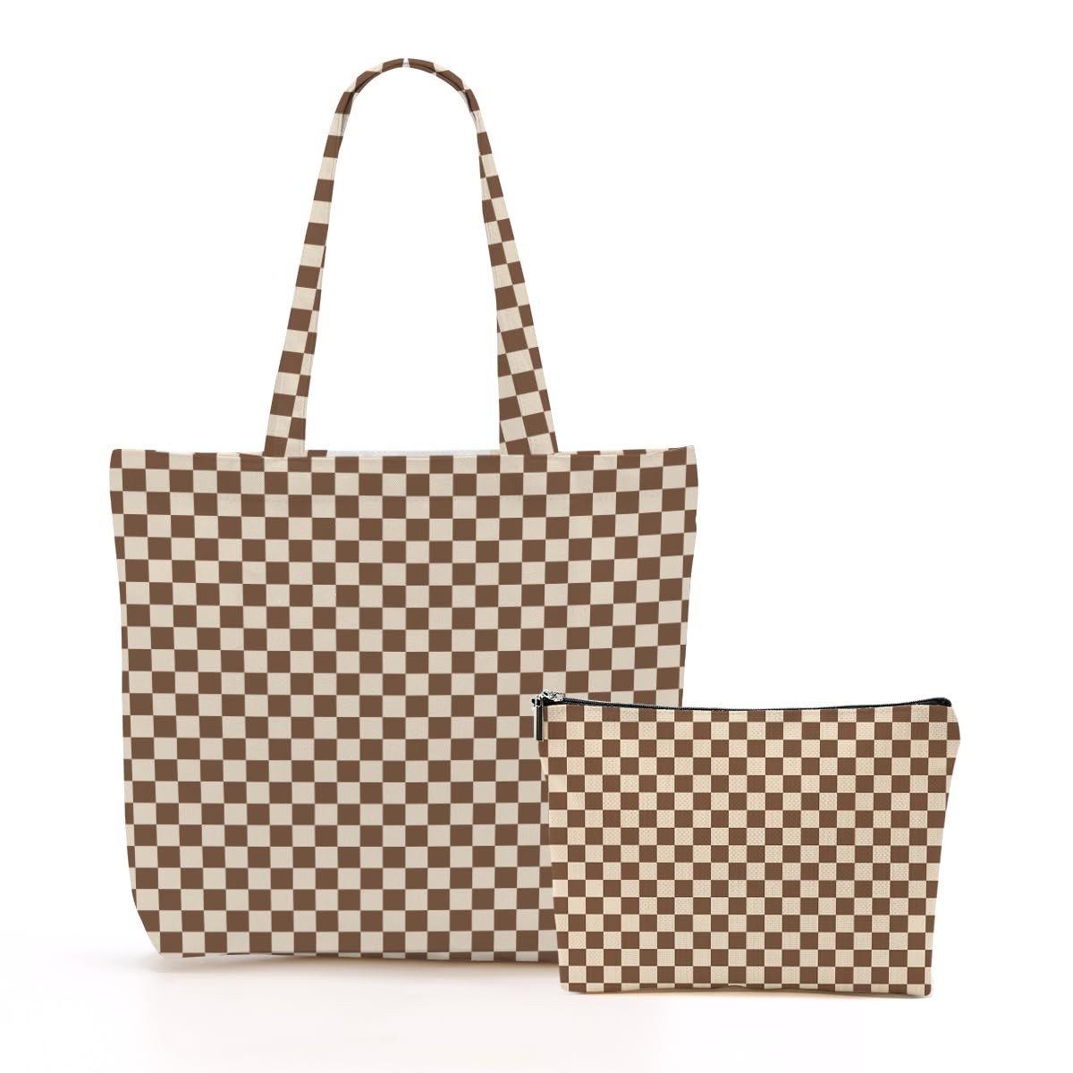 Brown Checkered Canvas Tote Bag Shopping Bag Reusable Grocery Bags with Pocke…
