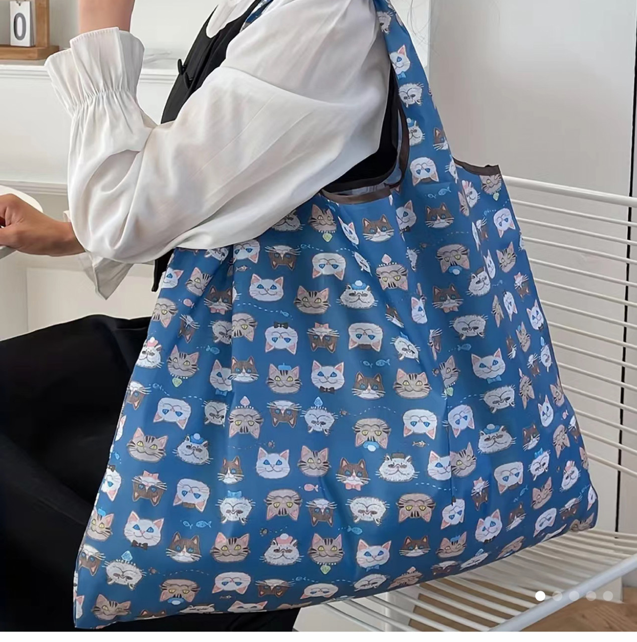 Cartoon Cats Print Nylon Shopping Bag, Large Capacity Tote Bag