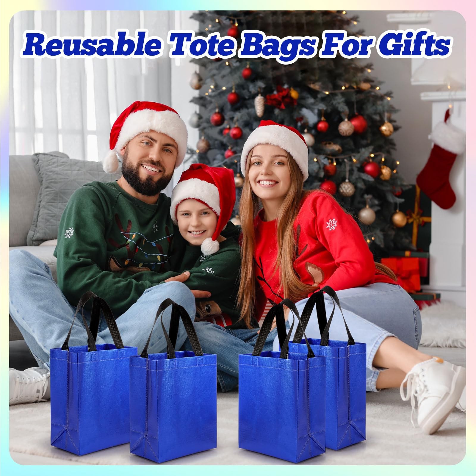 80 PCS Blue Glossy Reusable Grocery Tote Gift Bags With Handles 10x8x4.7 Inch