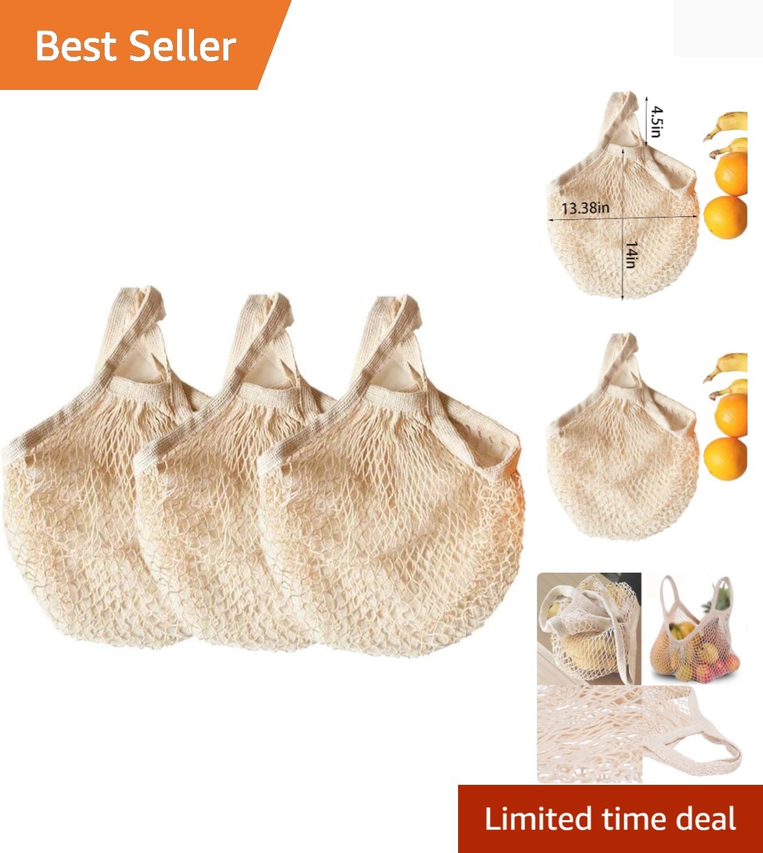 Lightweight Cotton Mesh Grocery Bags with Drawstring – Pack of 3 Beige