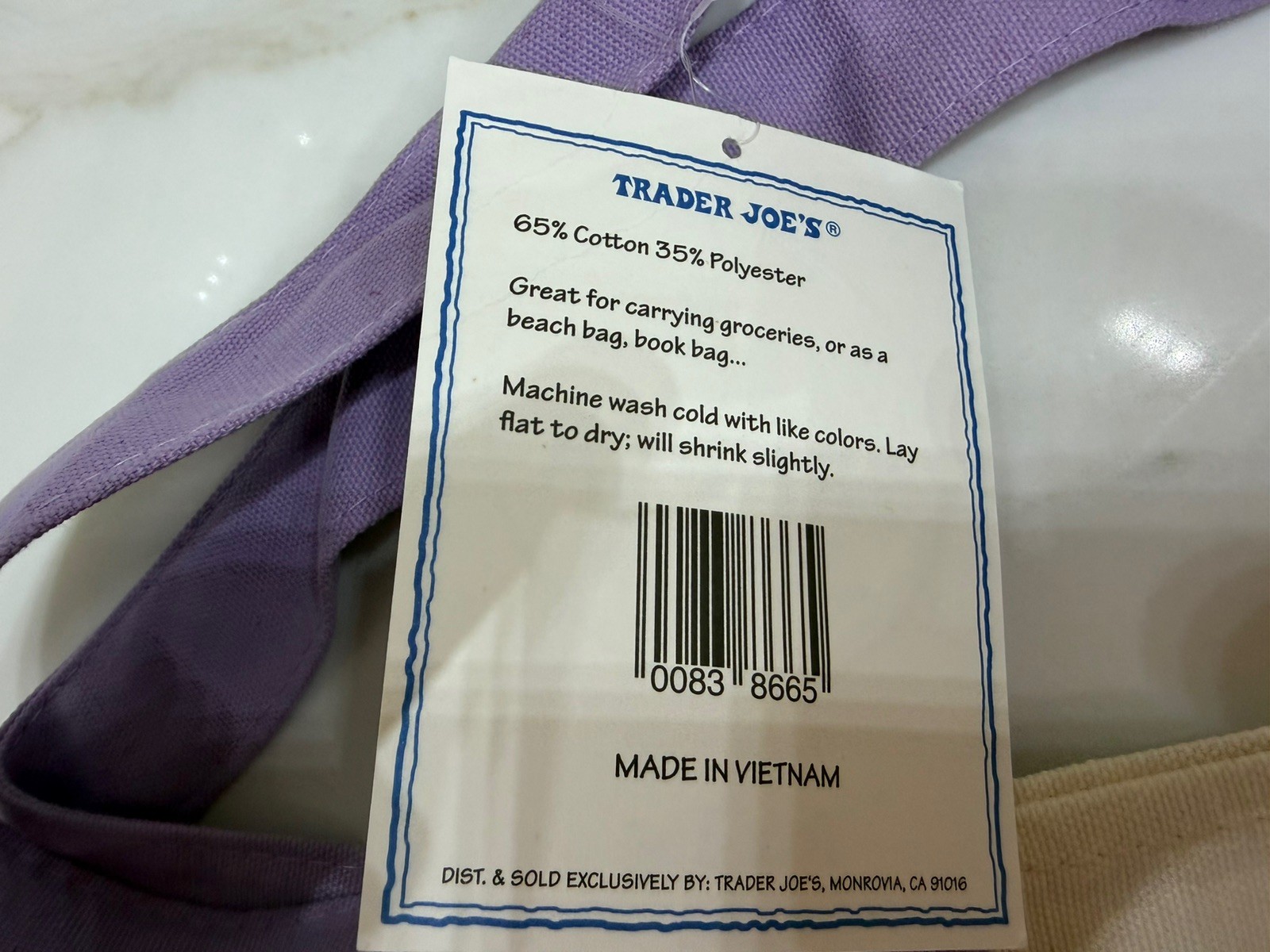 NWT Trader Joe’s Lavender Large Canvas Tote Bag Limited Release
