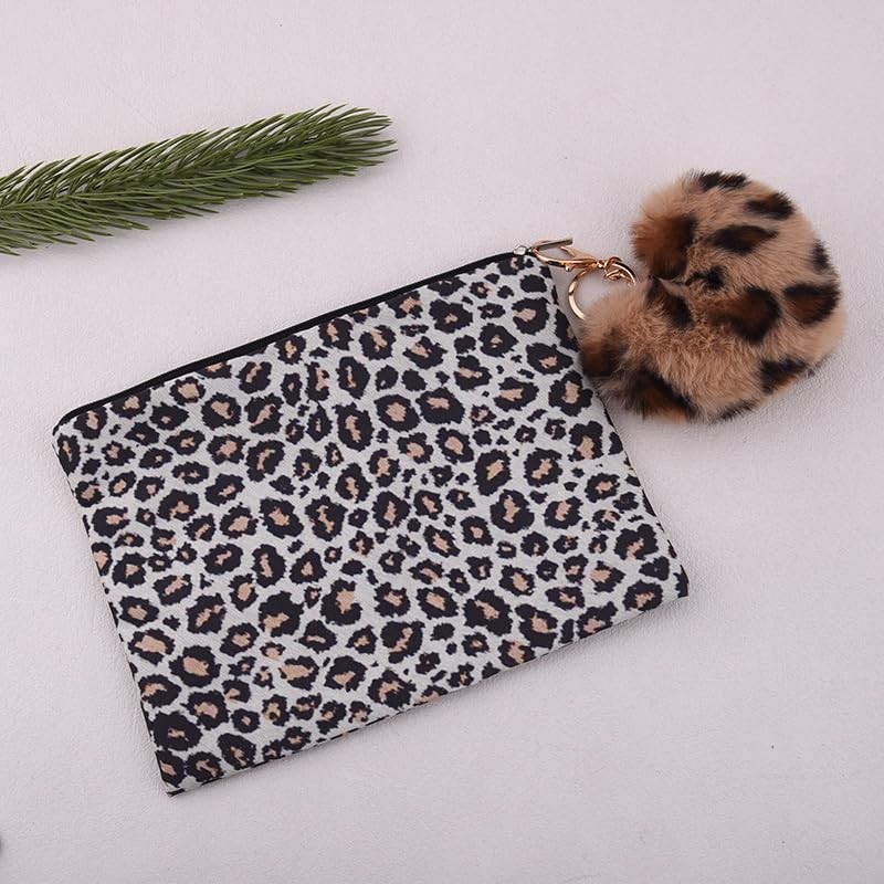 Vintage Leopard Print Cosmetic Bag for Purse Makeup Bags Fuzzy multicolor