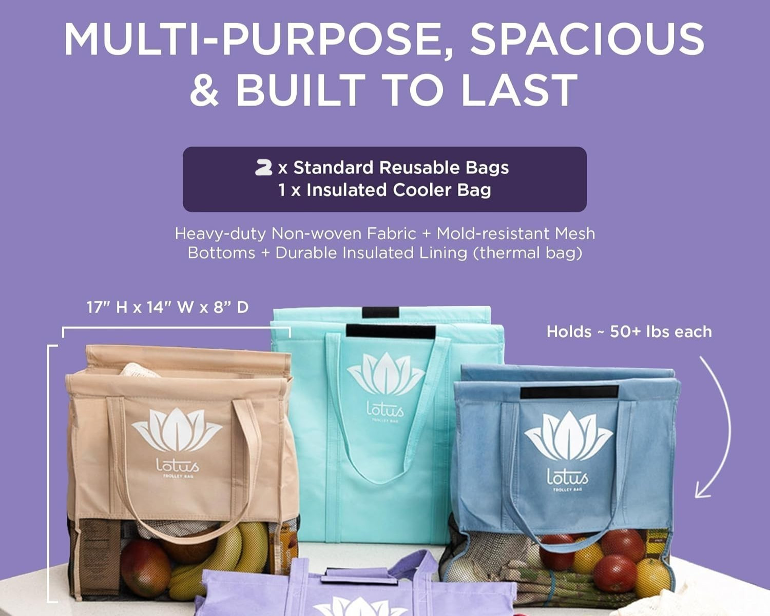 Lot of 3- Lotus Trolley Canvas Grocery Shopping Cart Bags Reuseable Insulated