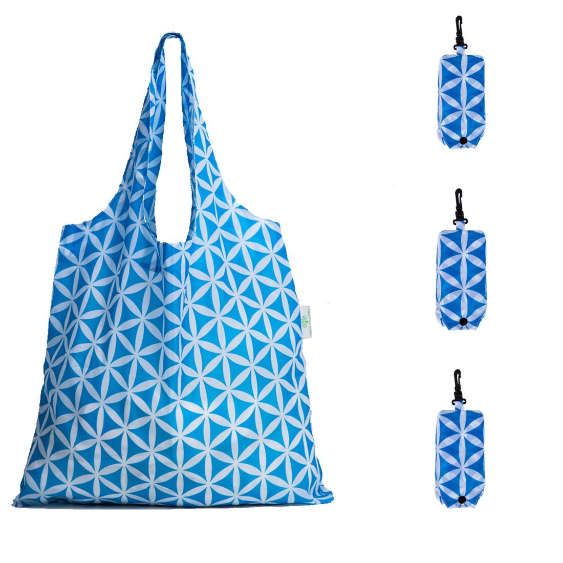 3 Pack Reusable Grocery Shopping Tote Bags Blue Geometric Flowers Pattern
