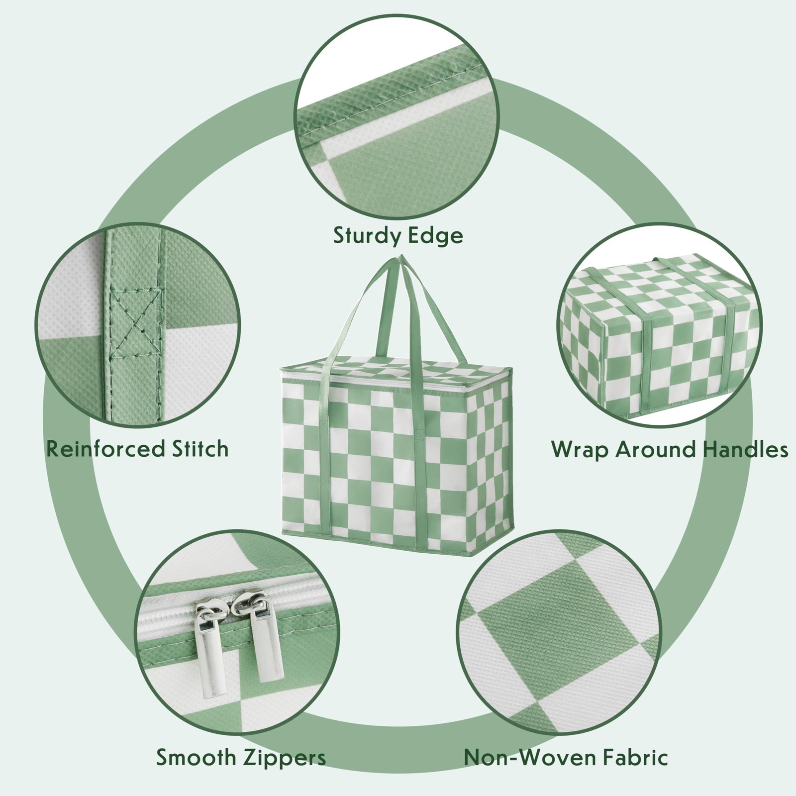 Sage Green Checkered Insulated Grocery Bags 2 Pack, Checkerboard Cooler Shopp…