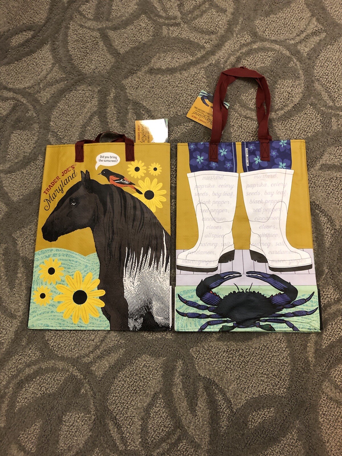 TRADER JOE’S MARYLAND ONE (1) Tote Bag HORSE FLOWER BOOTS COLLECTIBLE NEW