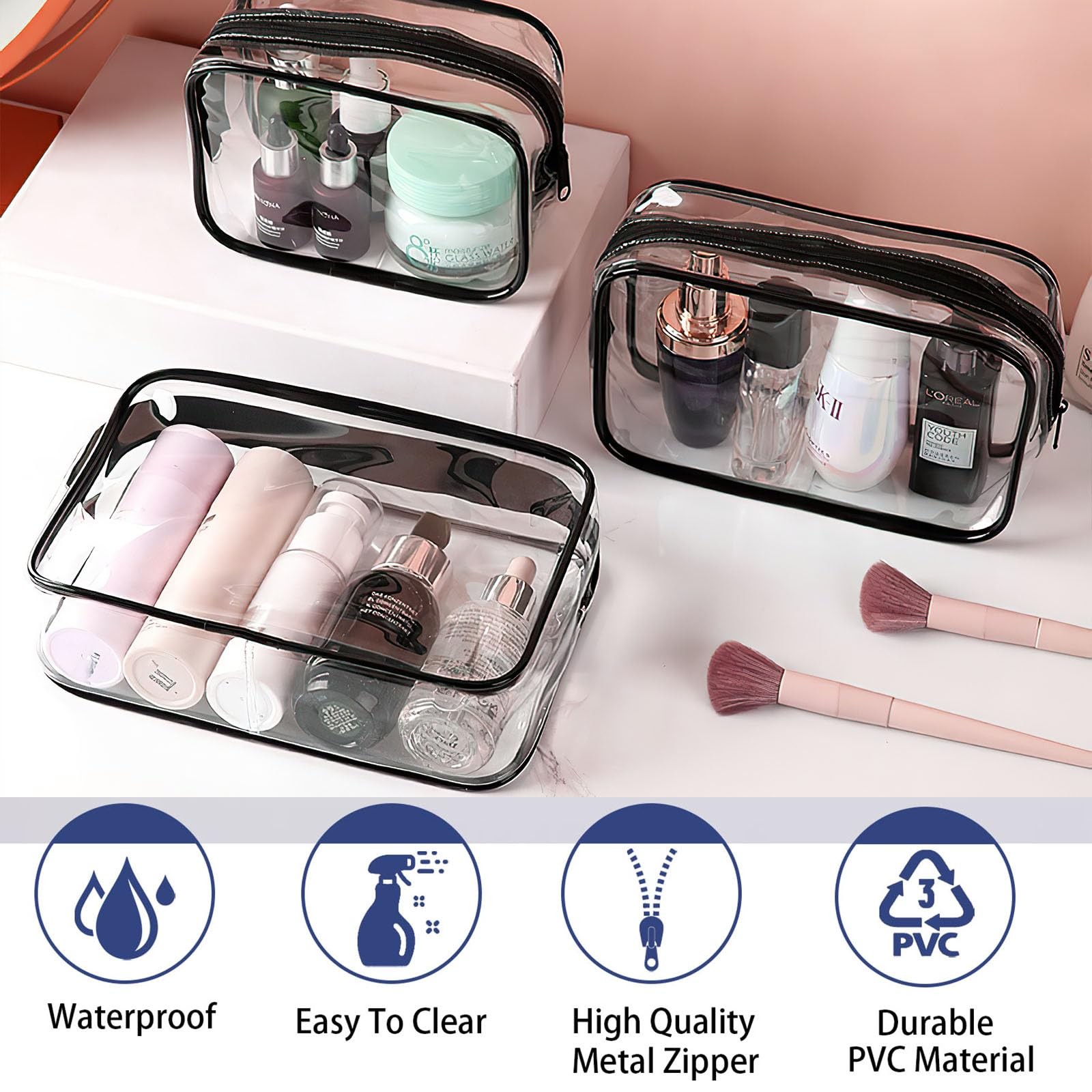 YOQIVEXU 6 Pieces Clear Cosmetics Bag Bulk, TSA Approved Large, Black