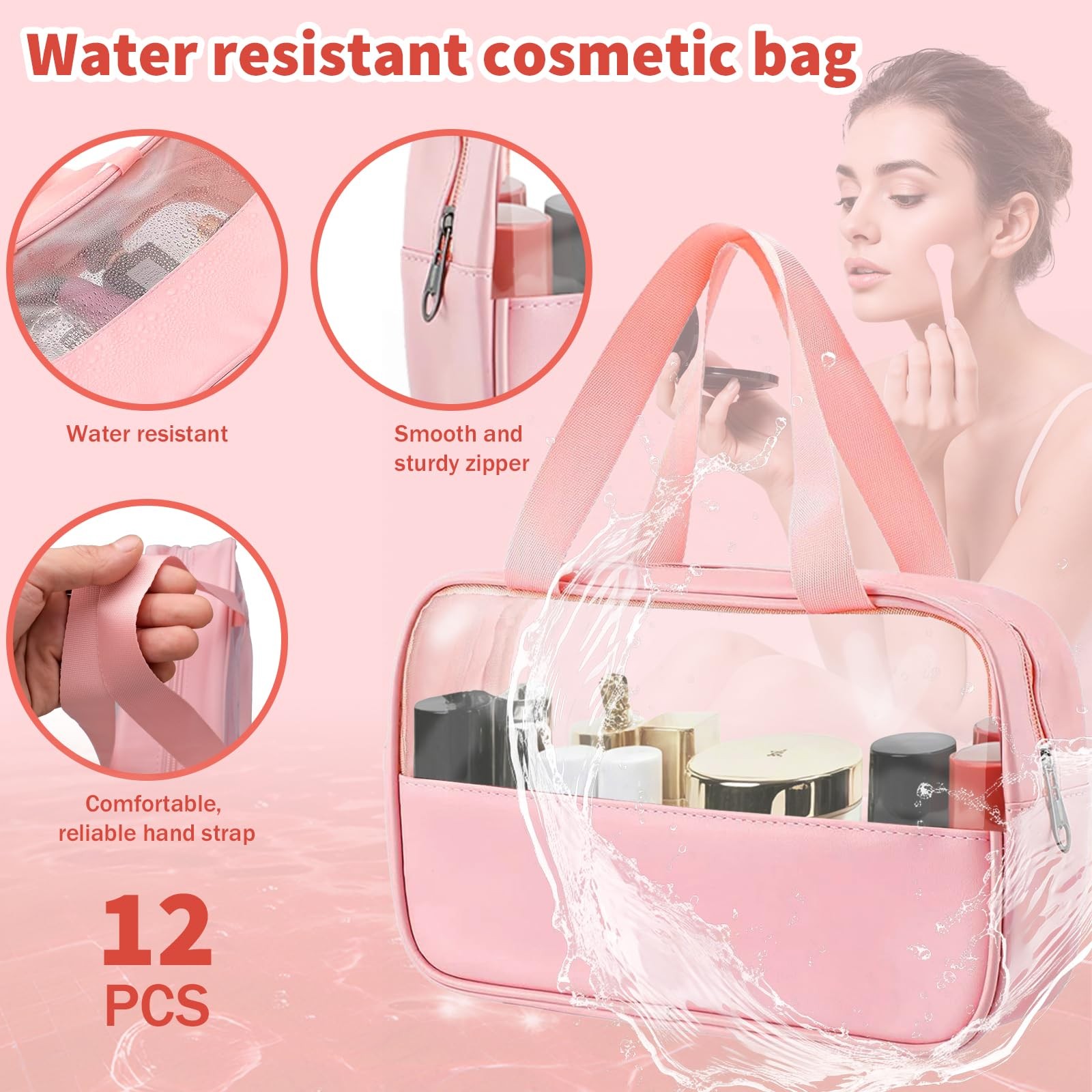 LECEHIVO 12 Pcs Translucent Make up Bag 10.2 x 6.3 x 2.8 Inches Pink