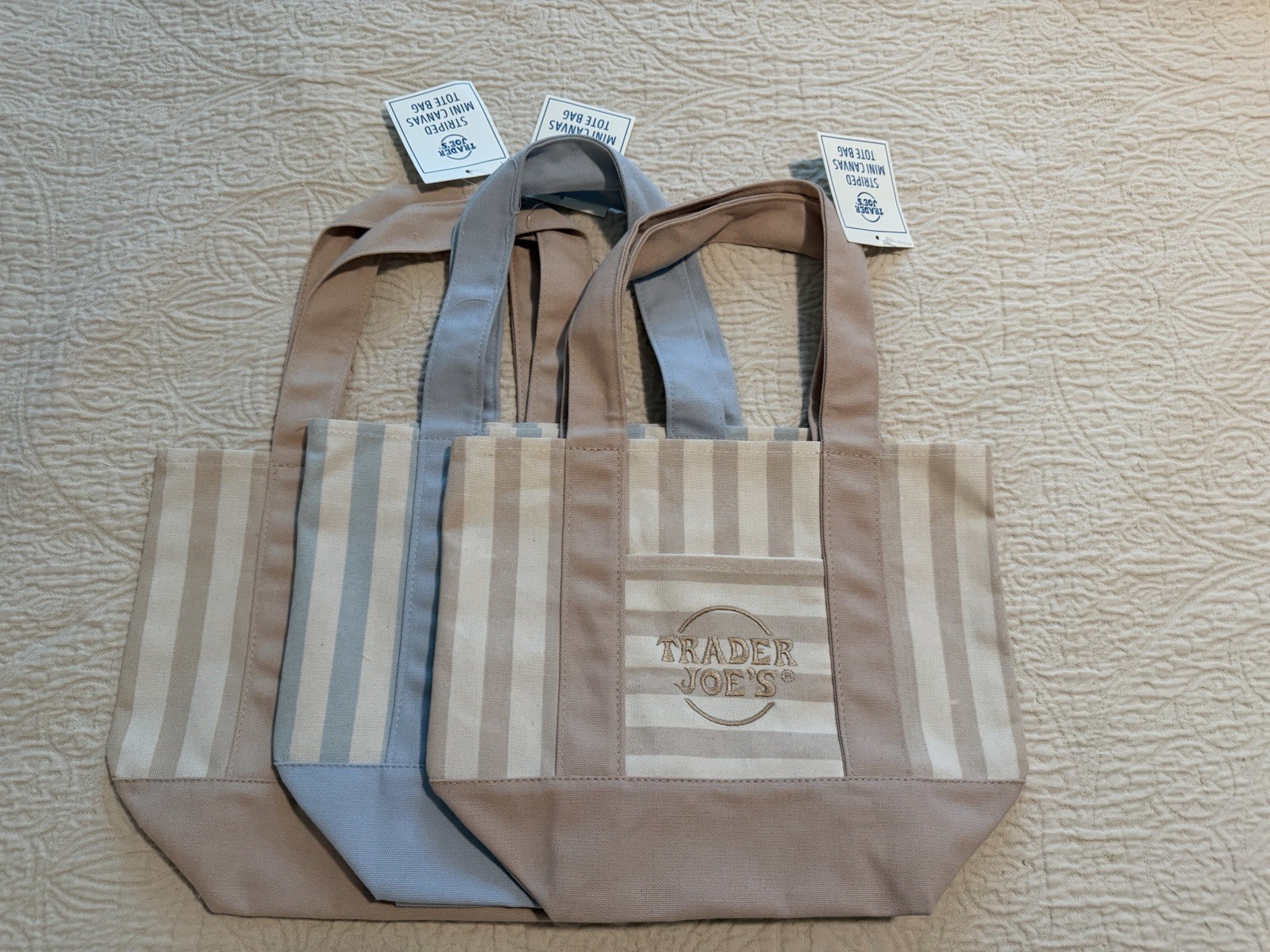 Trader Joe’s Mini Canvas Tote Bags 3-Pack Striped Multicolor 13x11x6 in