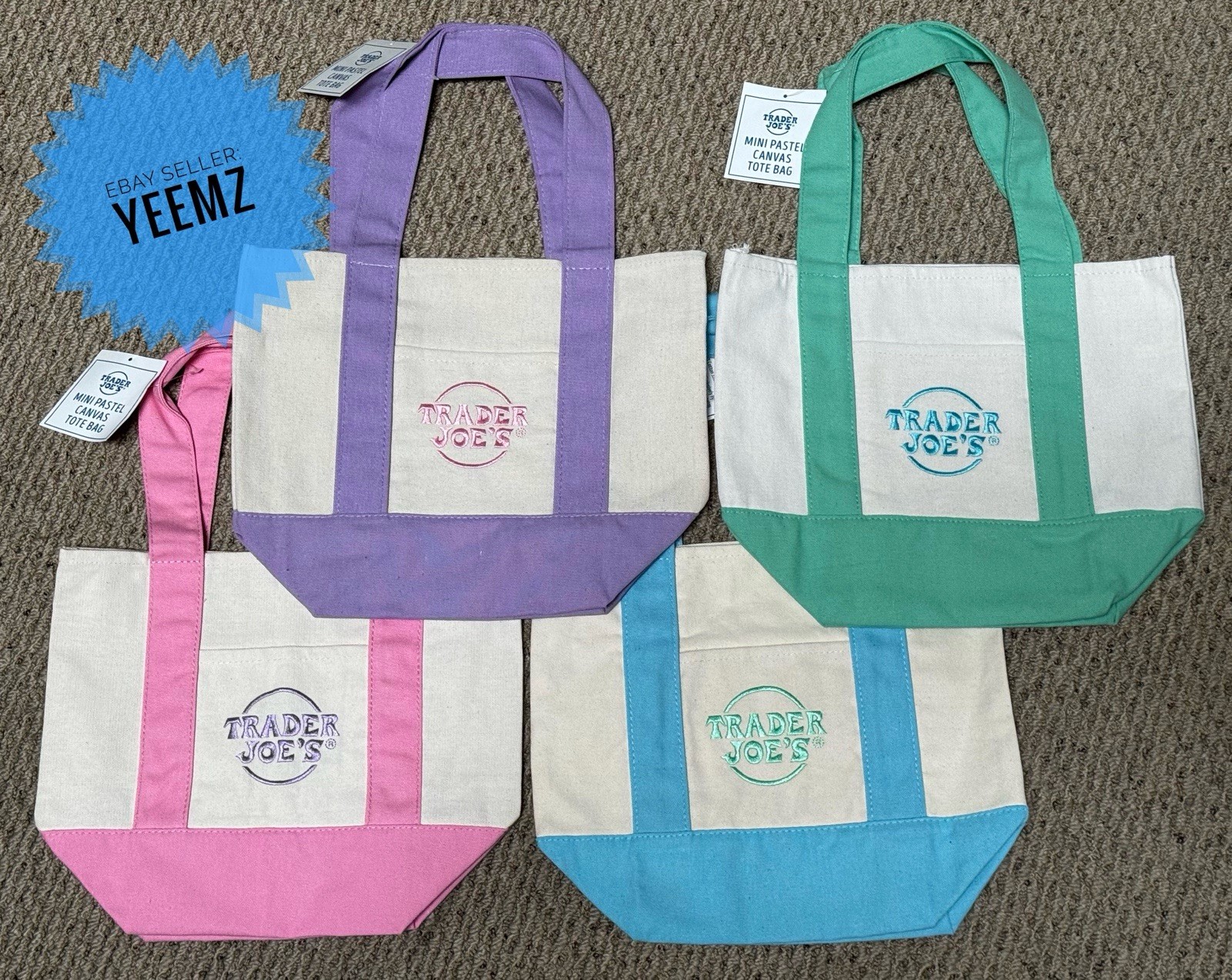 Trader Joe’s Mini Pastel Canvas Tote Bag Set Of 4 NWT Blue Green Pink Purple