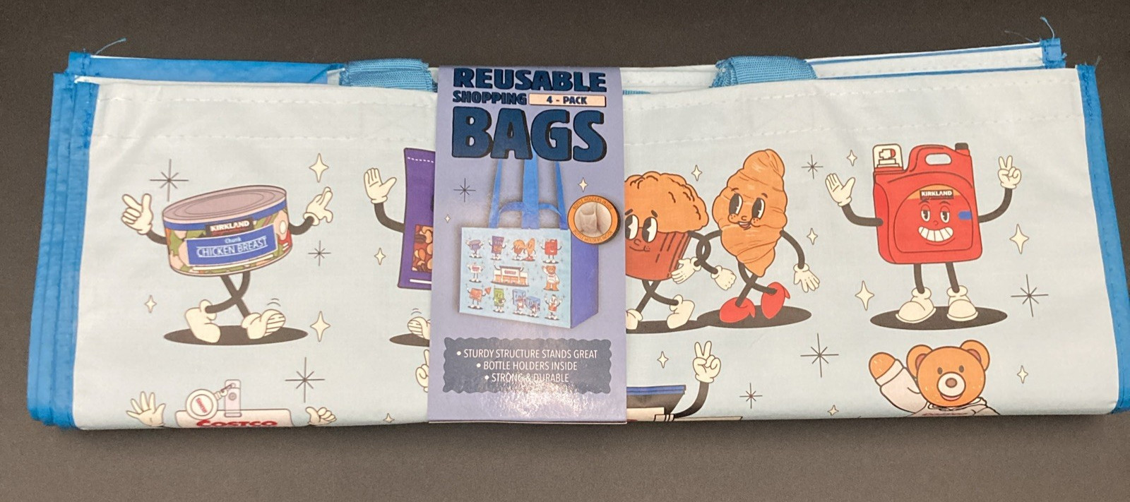 4 Pack Costco Reusable Large Shopping bags W/ Bottle Holder-Sturdy-20″X14″x11.5″