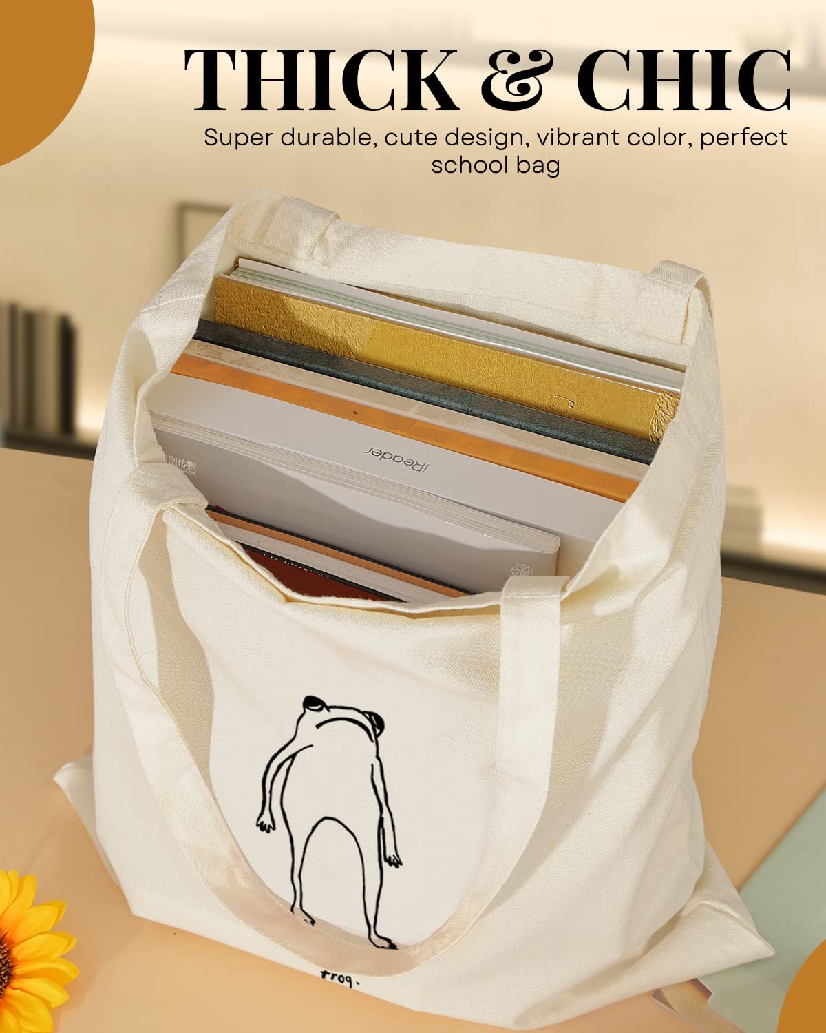 Canvas Tote Bag Aesthetic for , Cute Trendy Frog Hand Drawn Reusable Cloth Co…