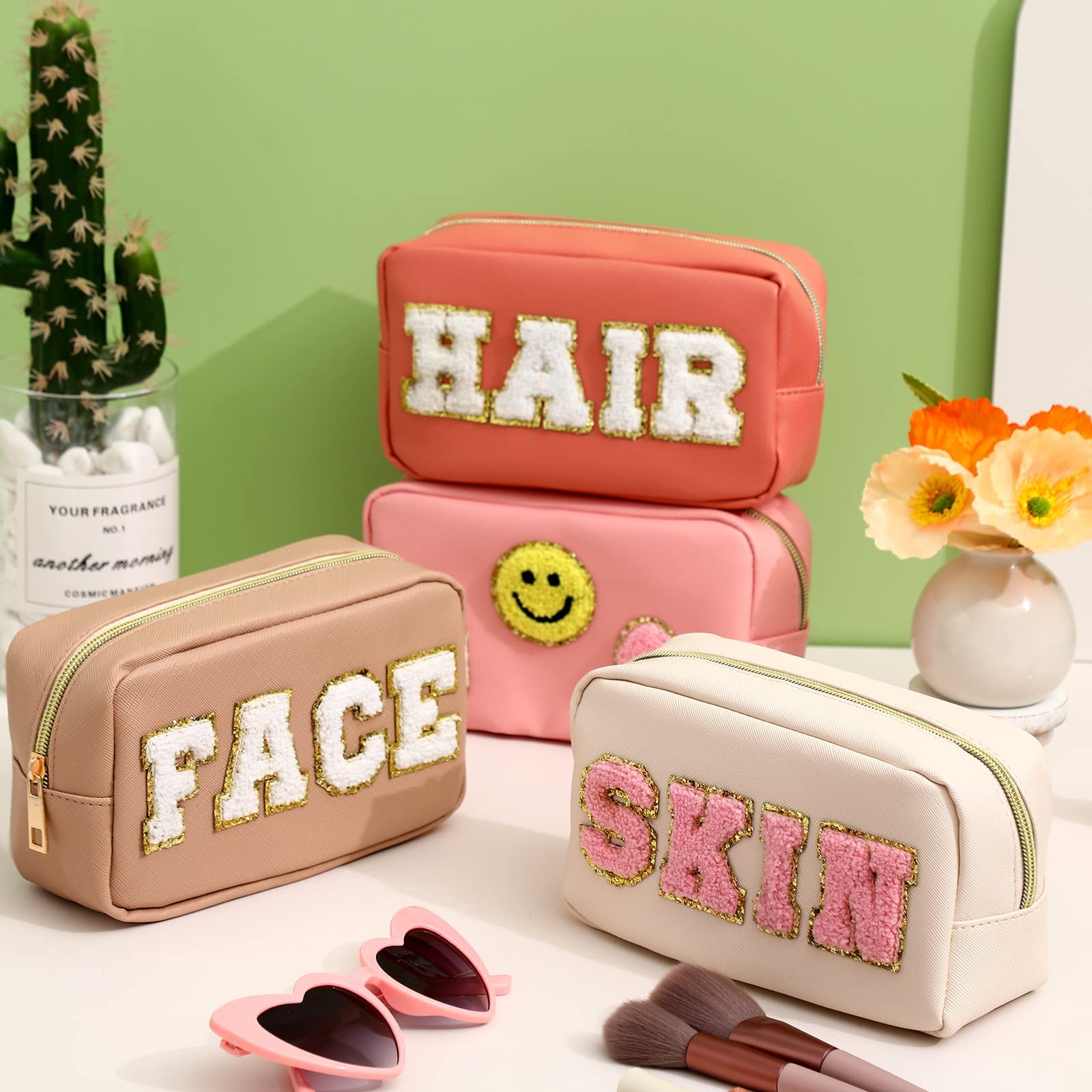 Sanwuta 4 Pcs Hair Face Skin Travel Bag Set Beige, Khaki, Pink, Nude Pink
