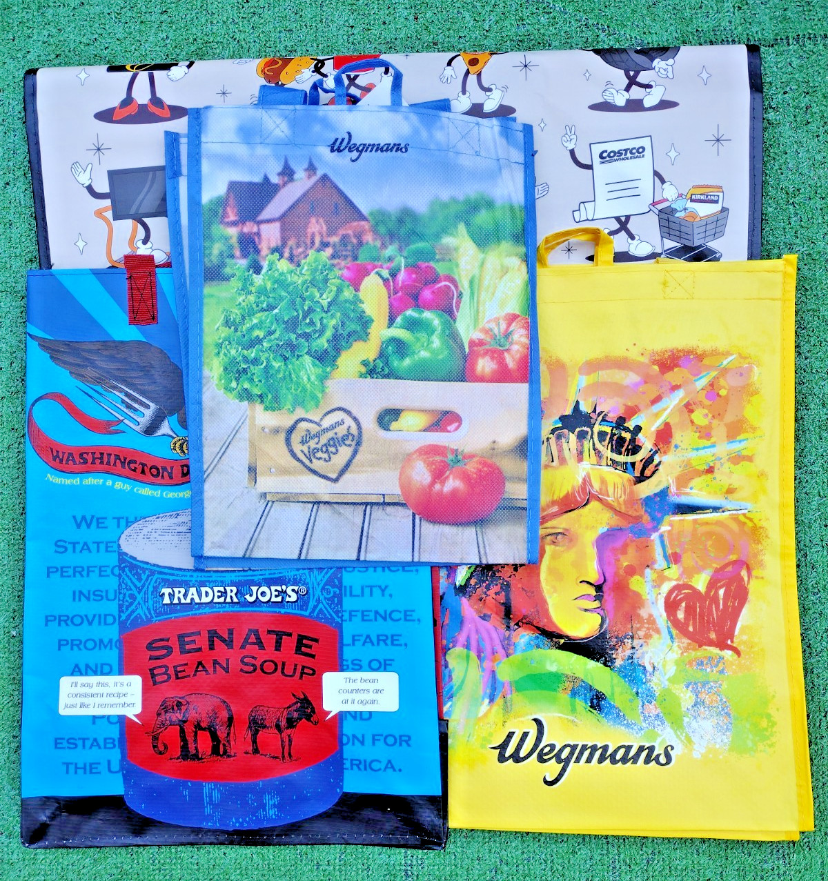 4Pc Combo of a TJ, Wegmans, Large Costco & 1 Mini Wegmans Reusable Tote Bags