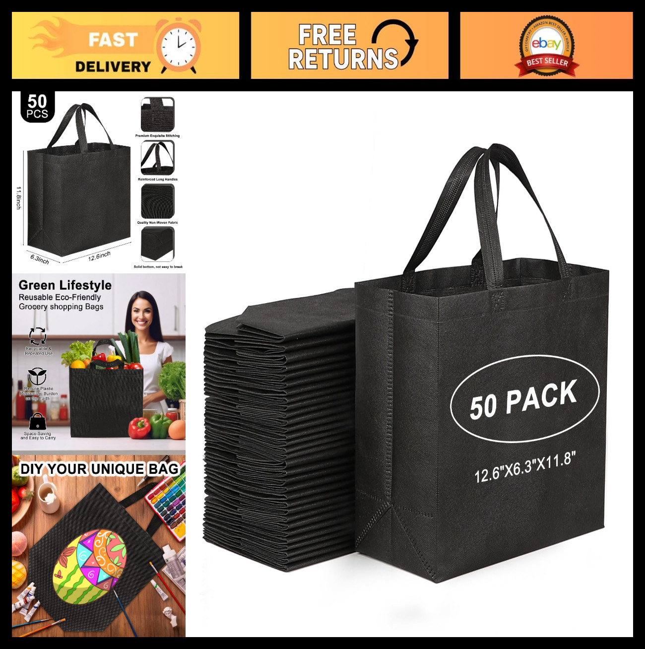 Reusable Black Tote Bags – Non-Woven Bulk Shopping Bags with Reinforced Handles