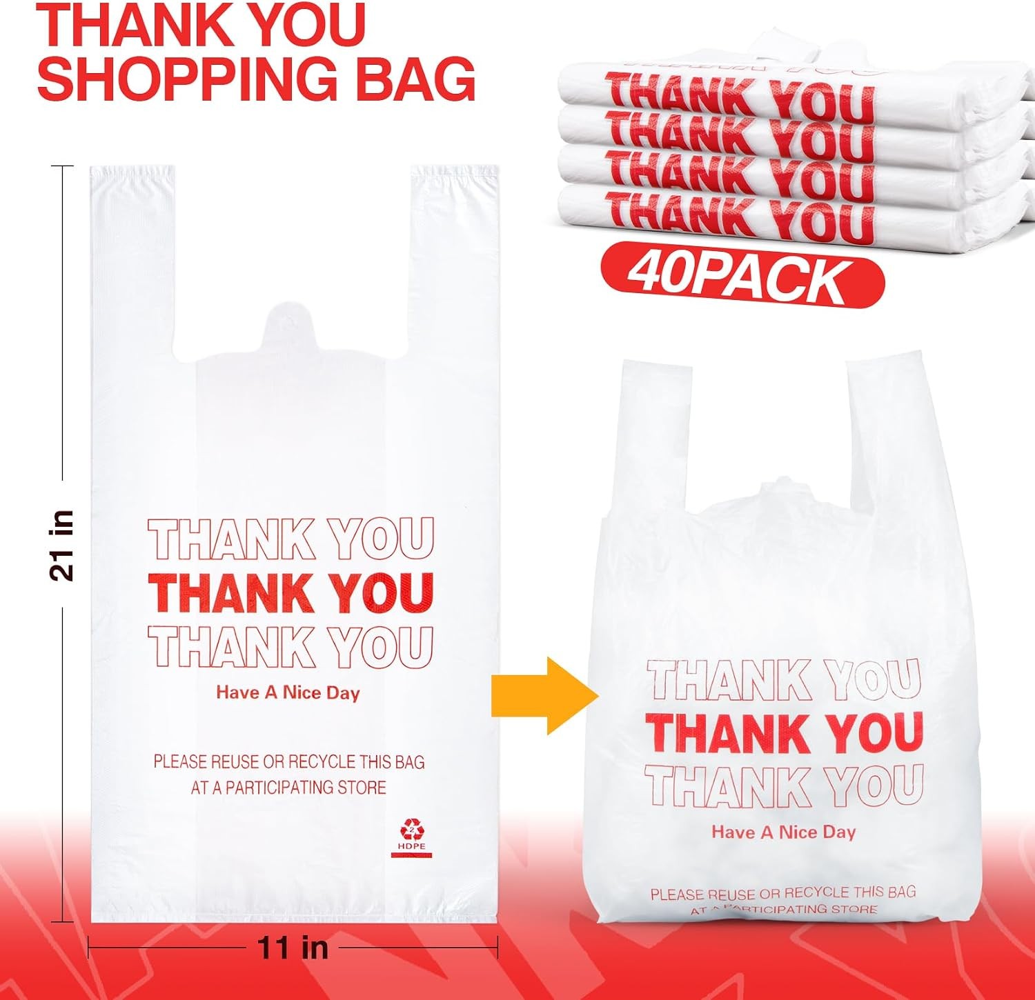 Grocery Bags – 40Count Thank You T-shirt Bags for Grocery Store 11″ X 21″