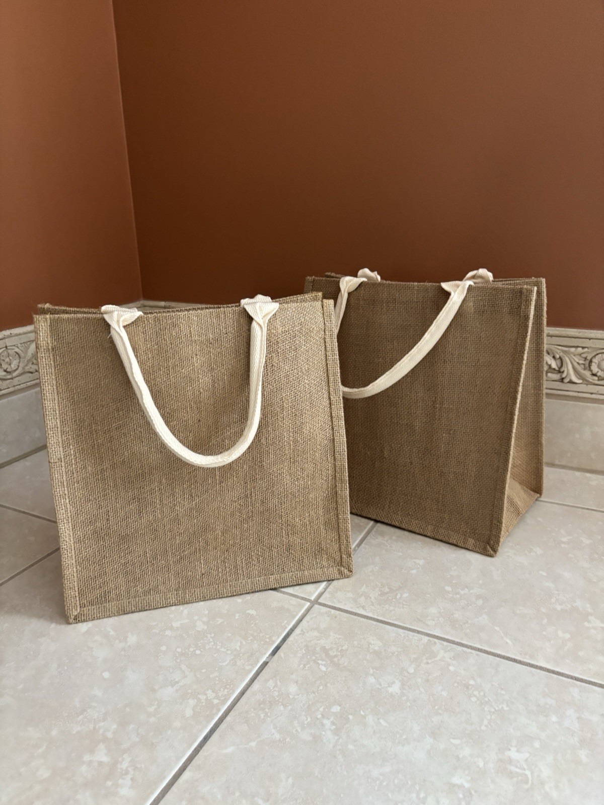 Beige Reusable Canvas Tote Bags 2-Pack Small Solid Plain 12x10x12 in