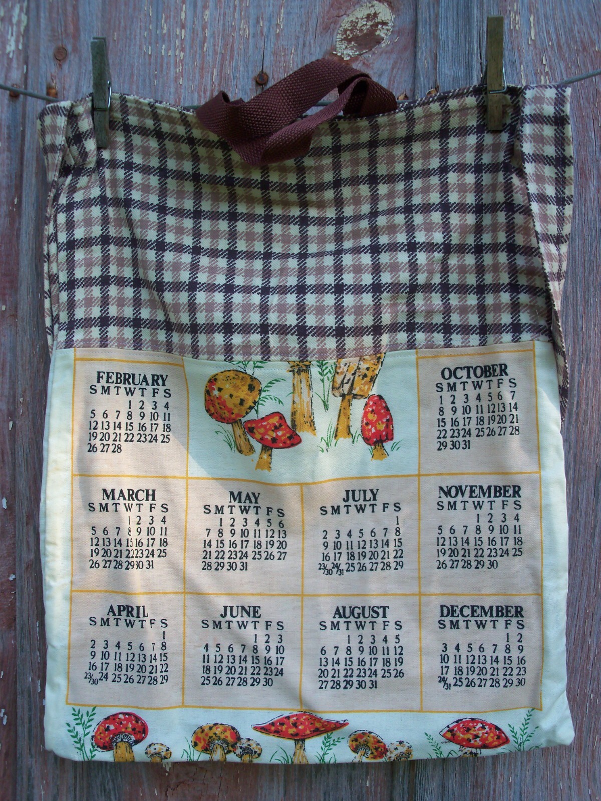 Vintage 1989 Mushroom Calendar Recycled Tote Bag Grocery Shopping