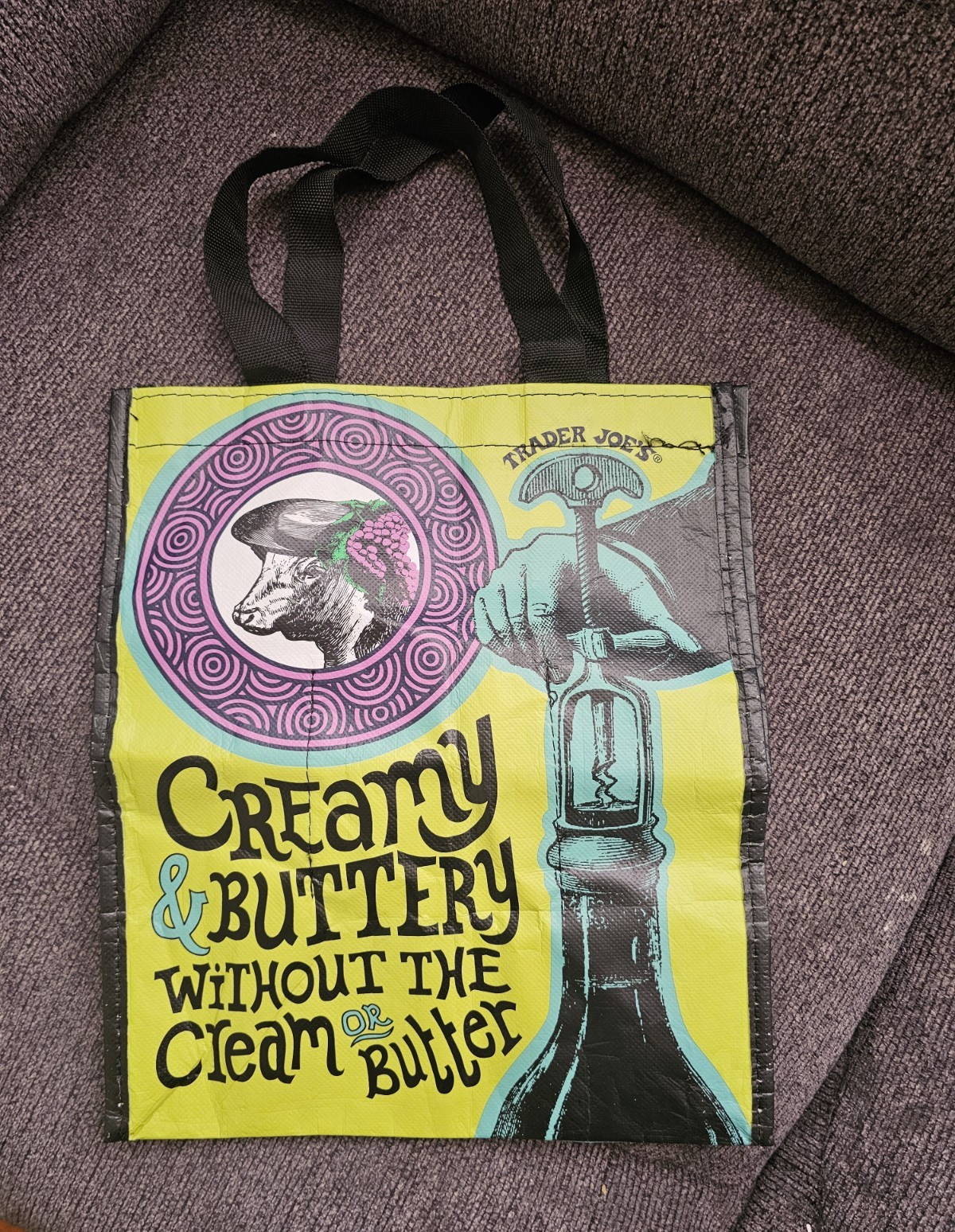 Trader Joe’s Reusable Tote Bag, Graphic Print “Creamy & Buttery” 13 x 6 in