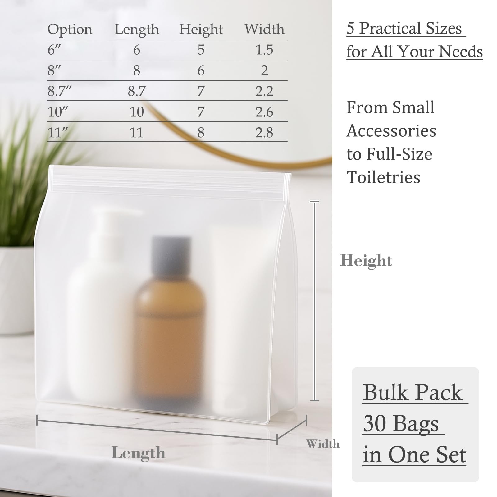 30 Pack Clear Makeup Bag Assorted Sizes (6-11 x 5-8 x 1.5-2.8 In), Frosted
