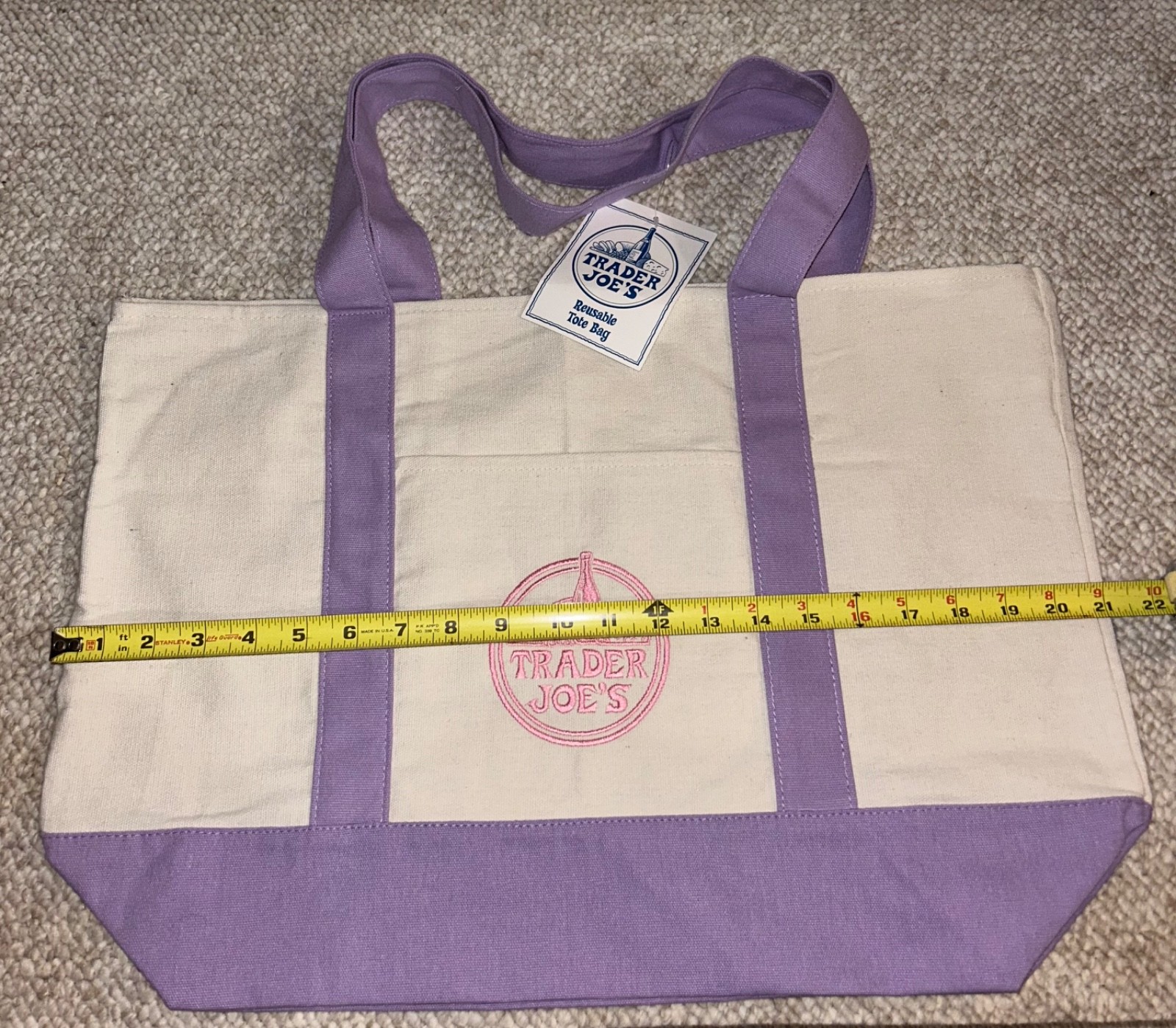 NWT Trader Joes Reusable Large Tote Bag Embroidered 21 x 14 Purple