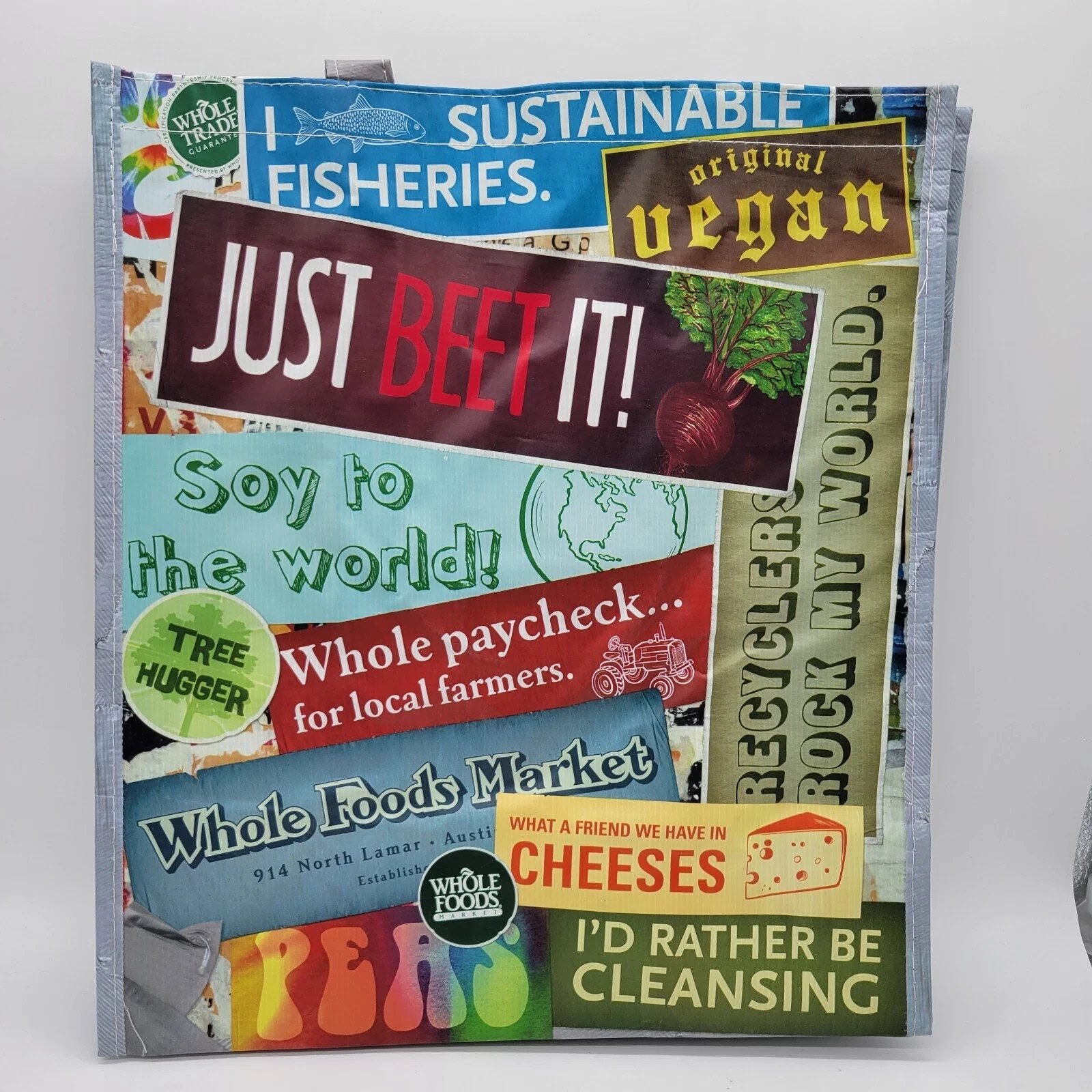Lot Of 2 – 2011 Whole Foods Reusable Shopping Bags Bumper Skicker Print New