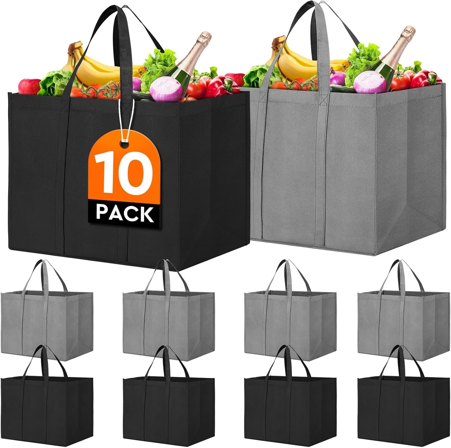 10 Pack Reusable Grocery Shopping Bags Foldable Large Tote Bags Grey Black Bulk