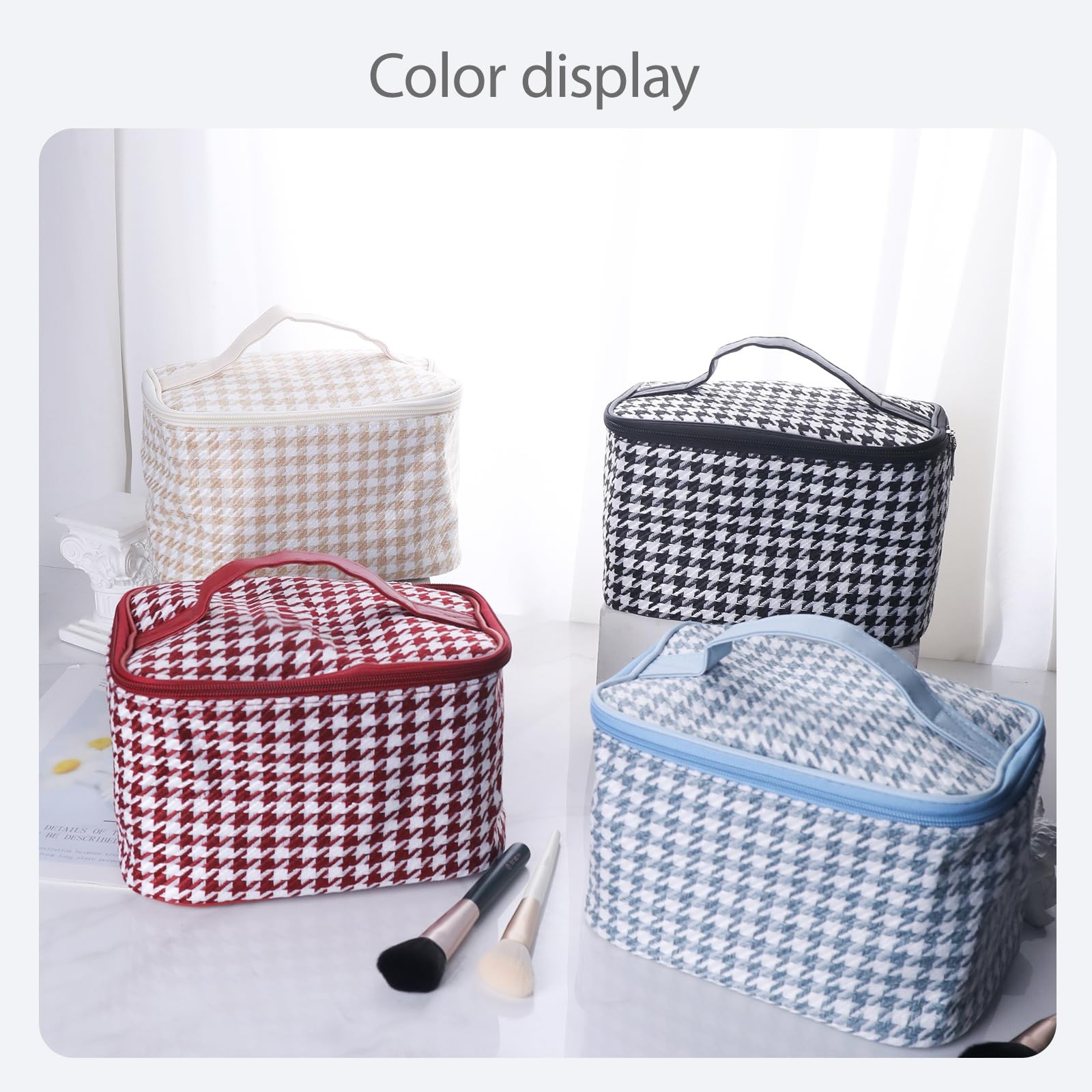 lllyan Travel Makeup Bag,Large Capacity Cosmetic Bags for Women Grid Wine Red