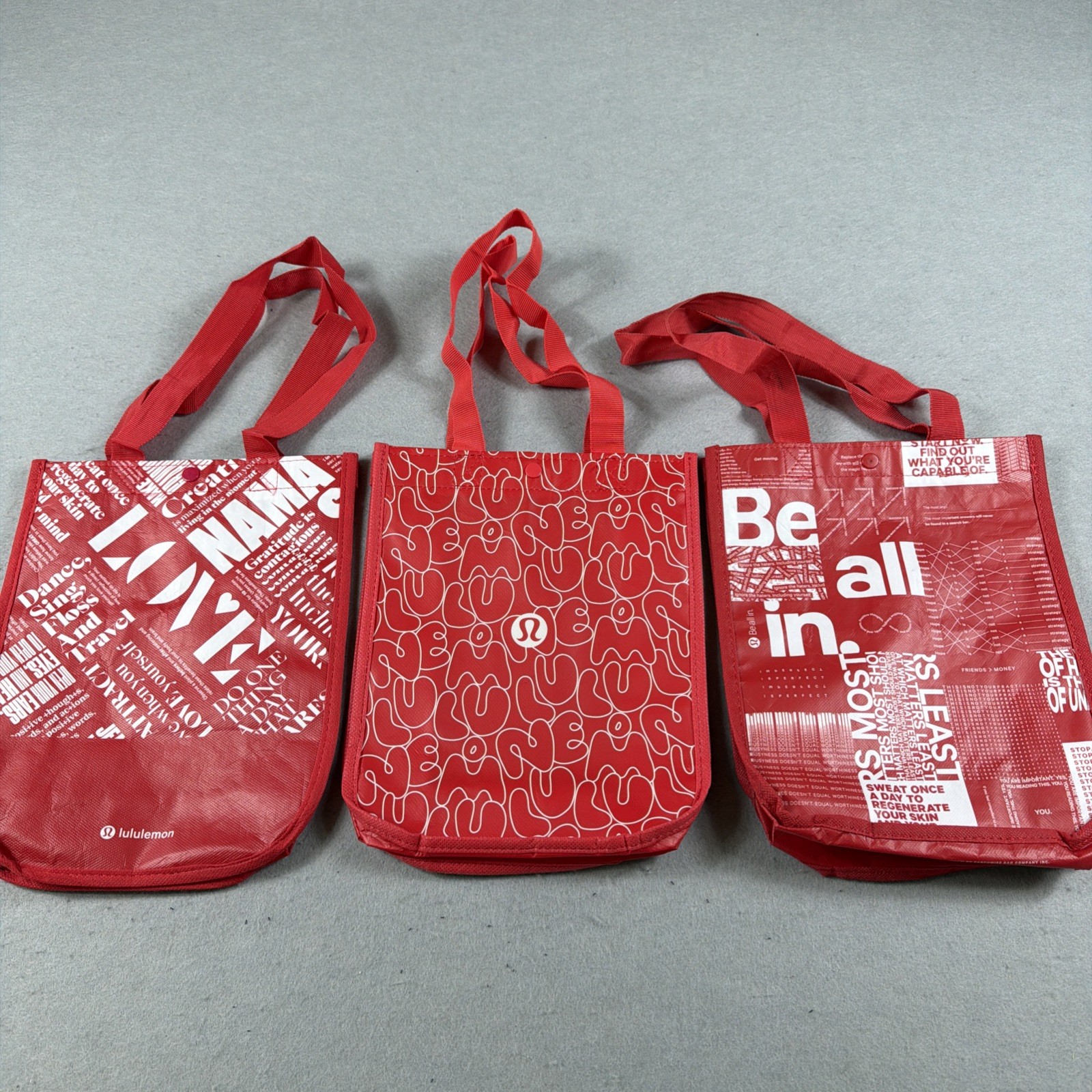 Lululemon Shopping Tote Reusable Bag Red And White 12″x9″ Snap Button lot of 3