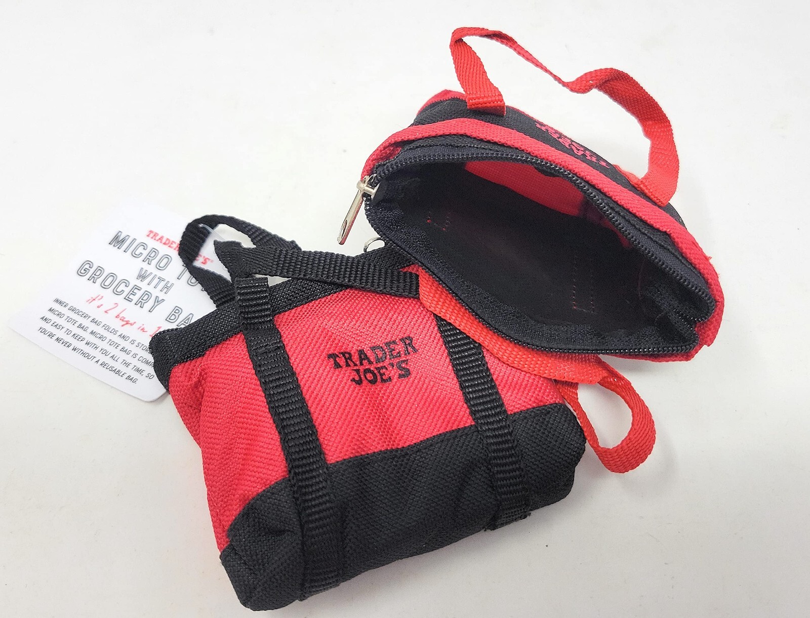 New Trader Joe’s Red Black Mini Micro Tote Folded 2 in 1 Reusable Shopping Bag