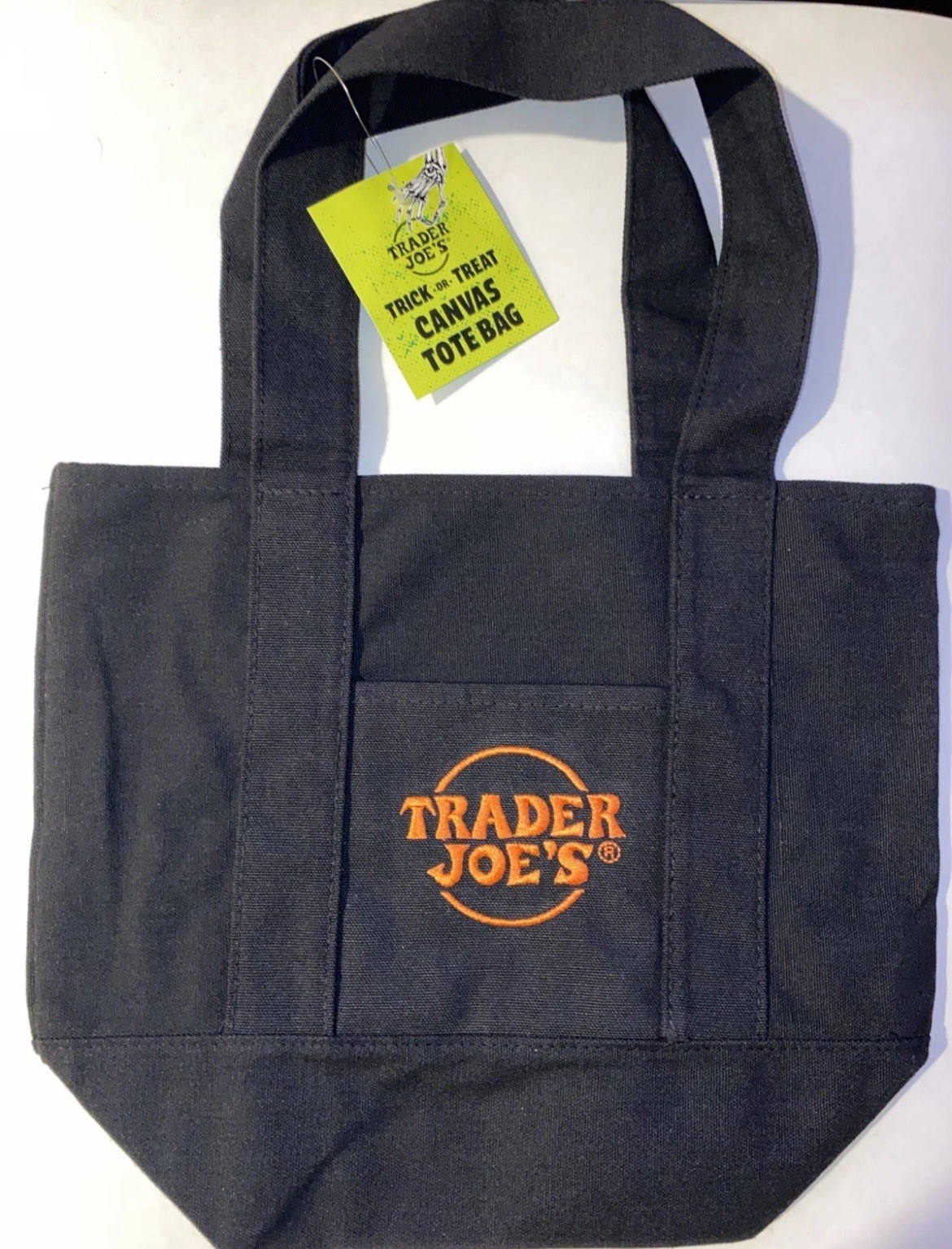 NEW Trader Joe’s Halloween Canvas Mini Tote Bag Solid Black w/ Orange Embroidery